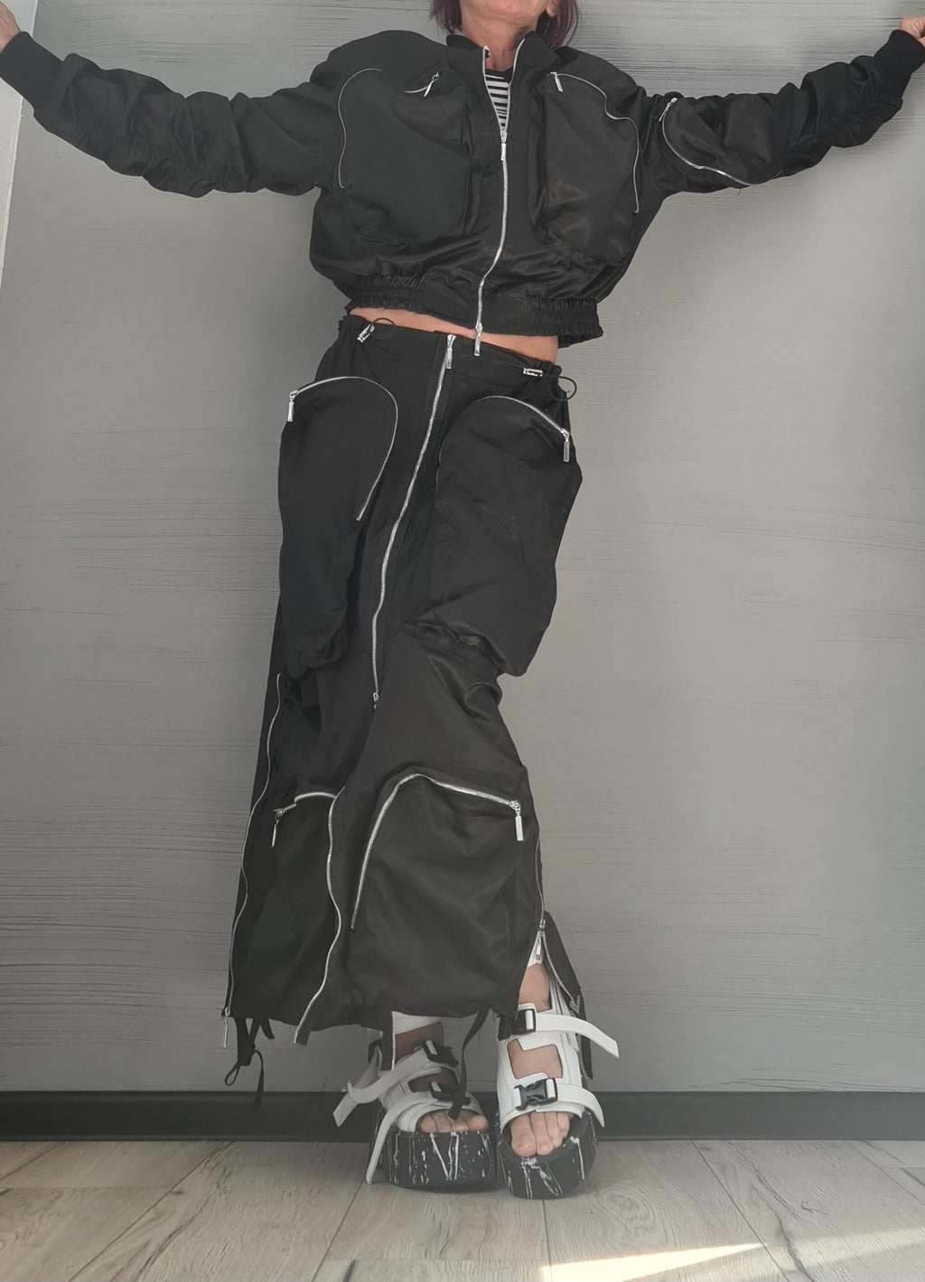 Extravagant Women Costume, Deconstructed Avant Garde Skirt Outside Pockets, Sexy Skirt, Short jacket with large outer pockets