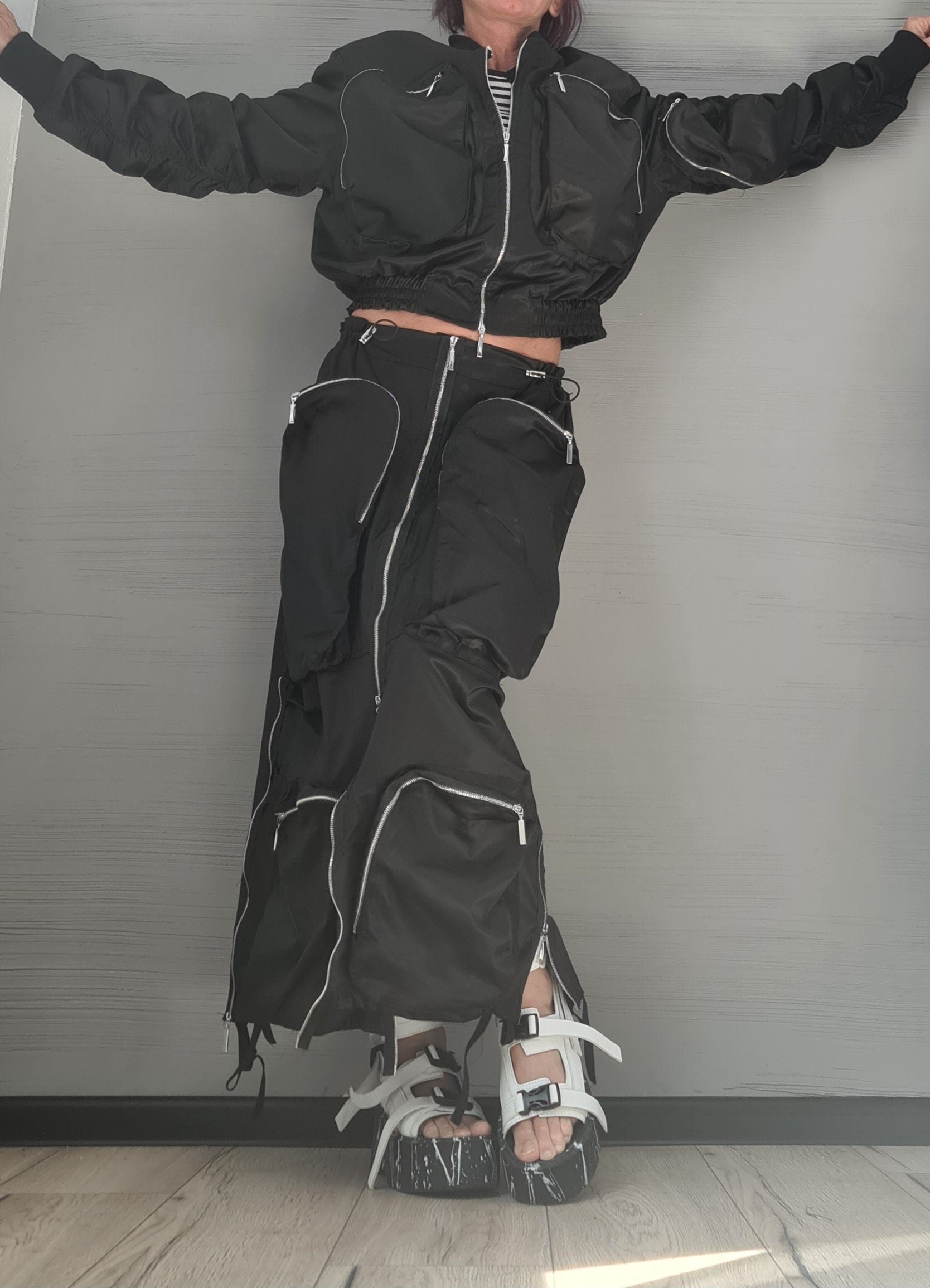 Extravagant Women Costume, Deconstructed Avant Garde Skirt Outside Pockets, Sexy Skirt, Short jacket with large outer pockets