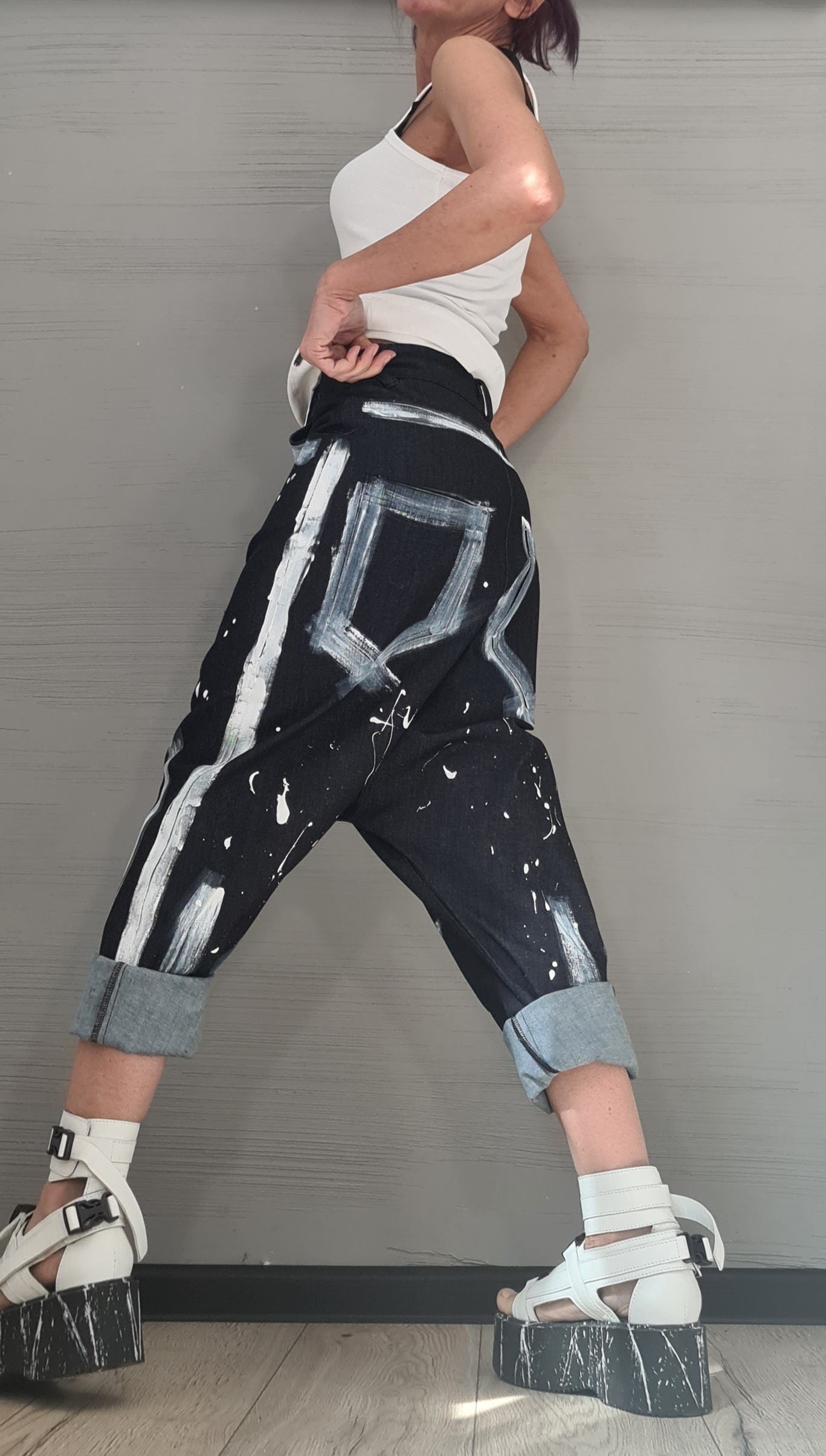 Painted Denim Harem Pants, Extravagant Pants, Unisex Denim, Women Denim Harem, DRESSSHOESCODE