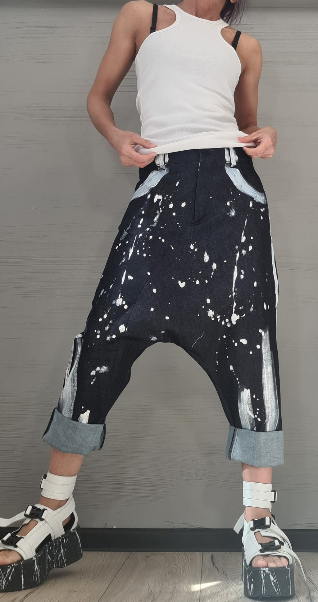 Painted Denim Harem Pants, Extravagant Pants, Unisex Denim, Women Denim Harem, DRESSSHOESCODE