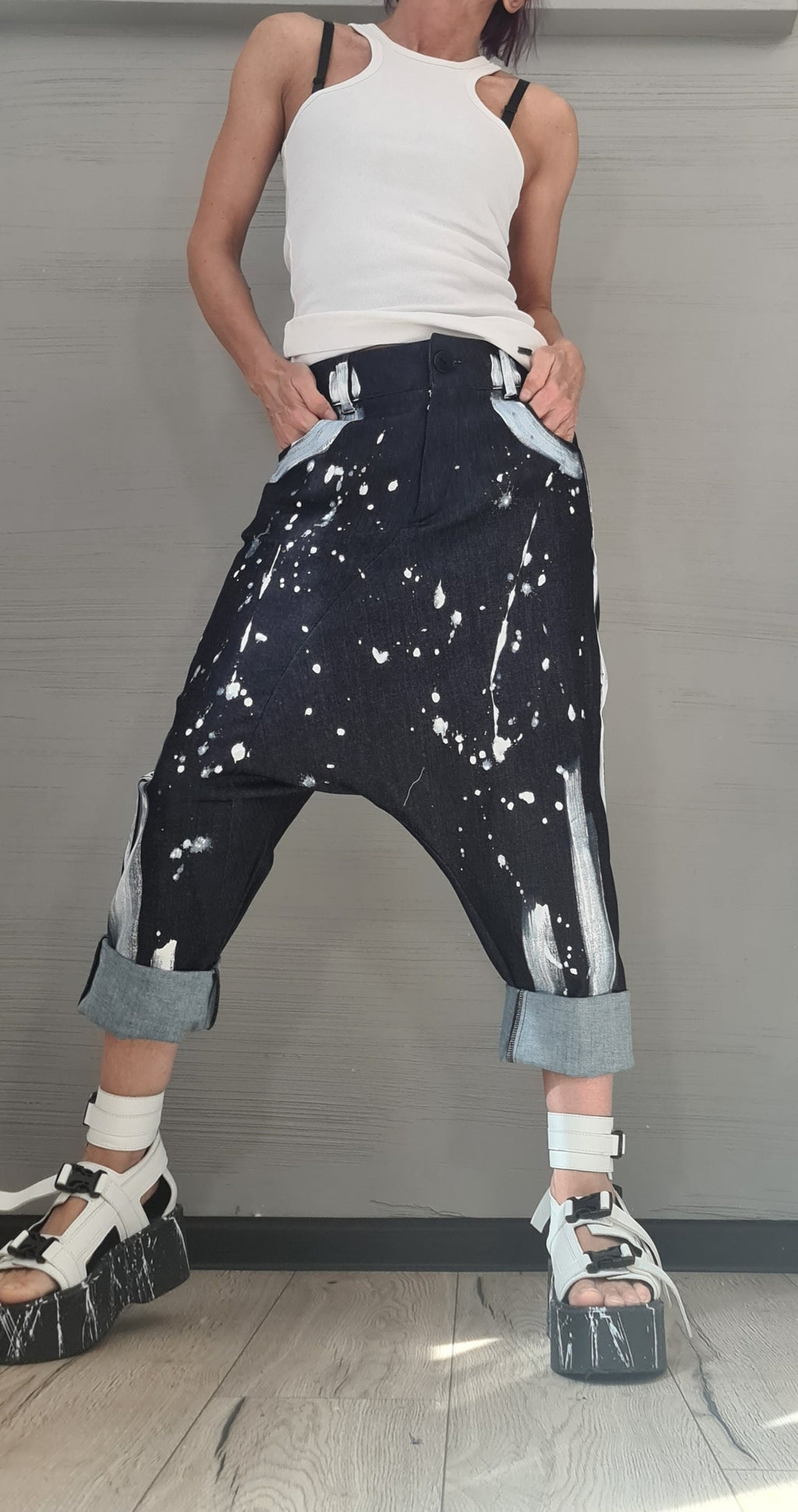 Painted Denim Harem Pants, Extravagant Pants, Unisex Denim, Women Denim Harem, DRESSSHOESCODE