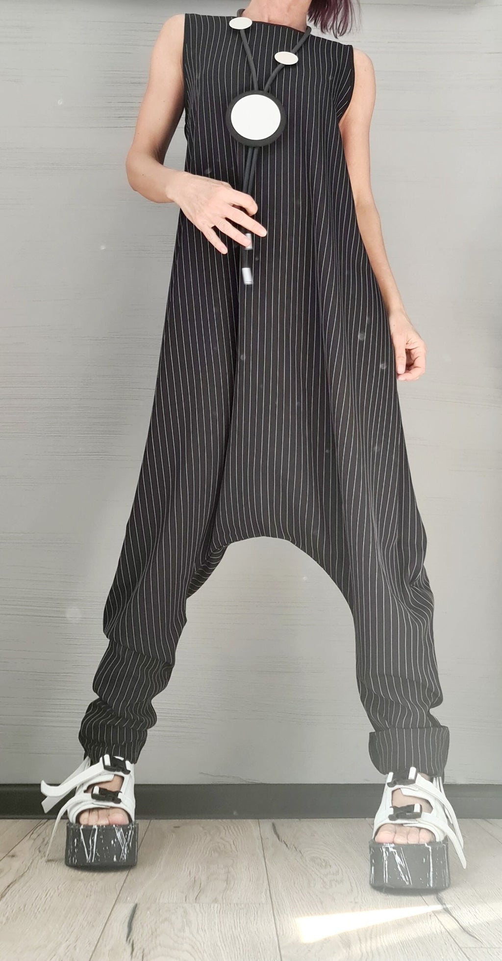 Asymmetric long Jumpsuit, Harem Jumpsuit, Black and White Stripe, Gothic Jumpsuit, Extravagant Wide Leg Overall, Sleeveless Jumpsuit