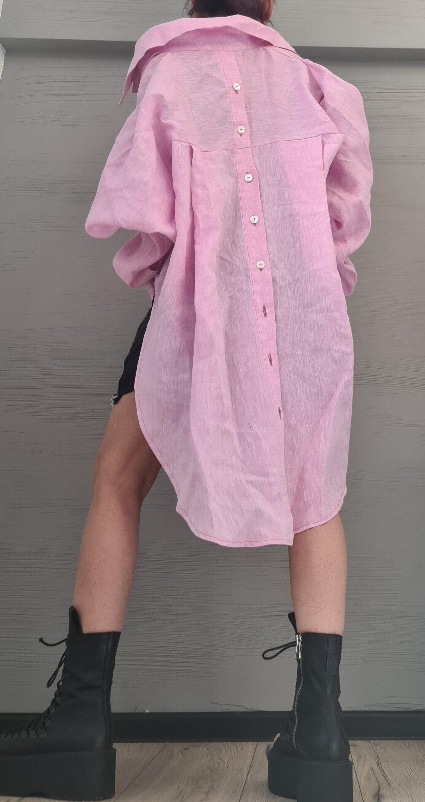New collection Pink Linen Asymmetric Shirt, Open back Shirt, Avant Garde Tunic, Loose Tunic Shirt,Extravagant Shirt, Oversize Tunic