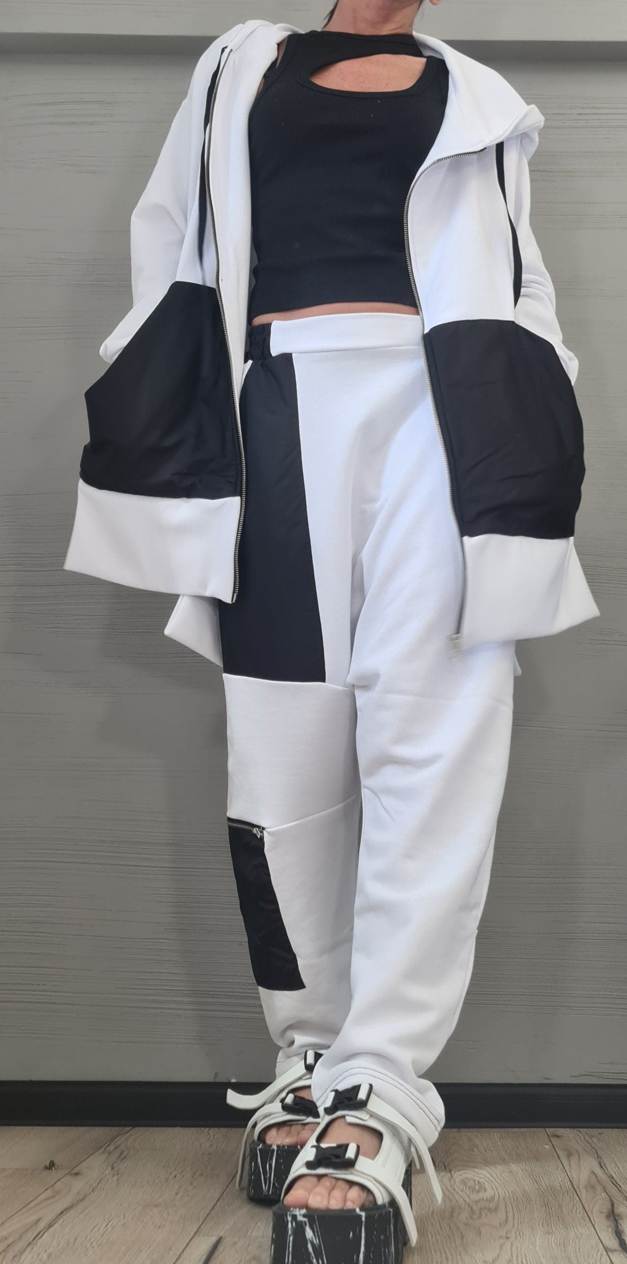 New collection Outwear Women Set, Black and White Extravagant Harem Pants, Asymmetrical Sweatshirt Hooded, Extravagant Cotton Set