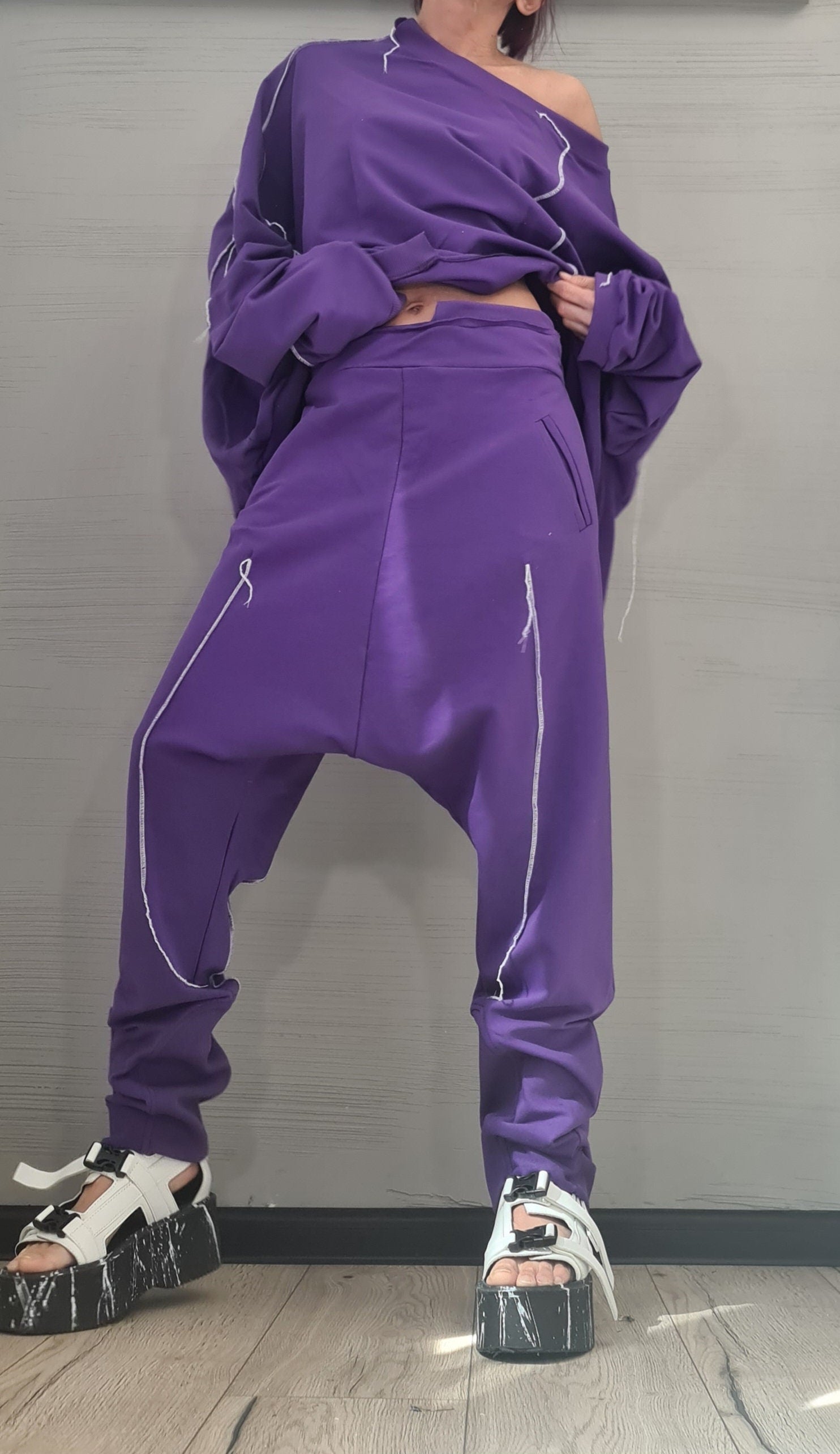 New collection Extravagant Purple Women Cotton Set, Harem Pants, Loose Set, Asymmetrical Set