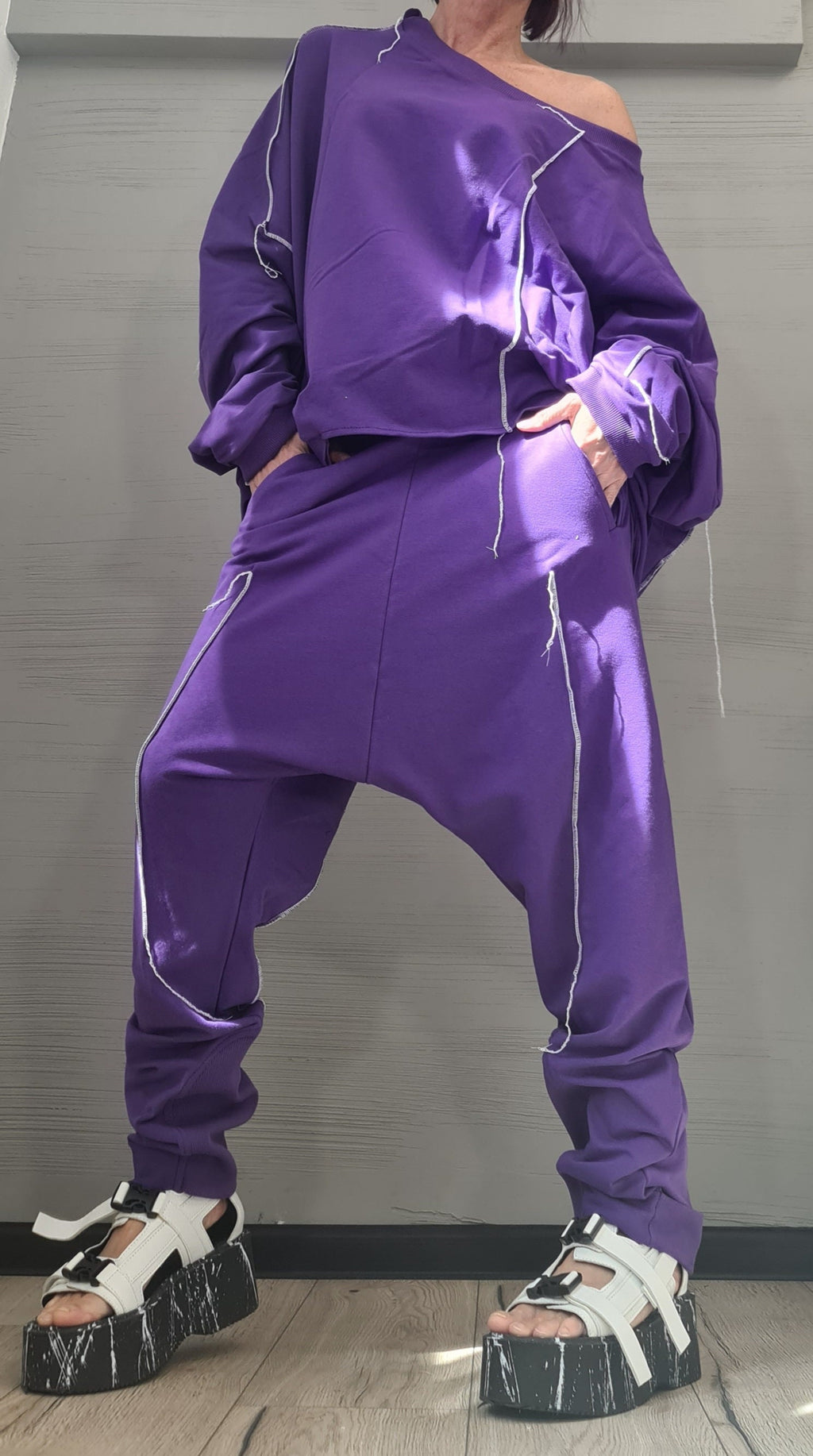 New collection Extravagant Purple Women Cotton Set, Harem Pants, Loose Set, Asymmetrical Set