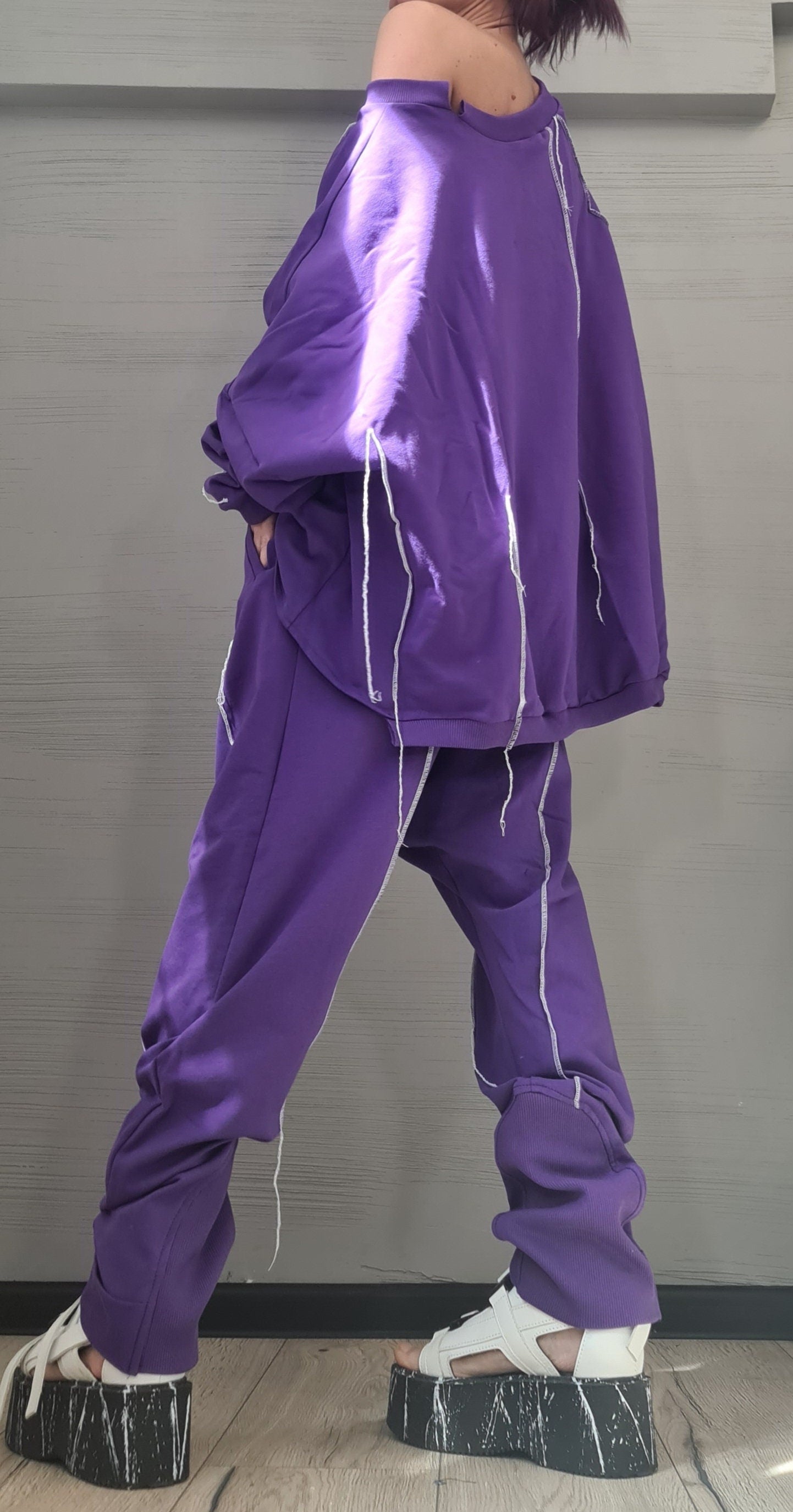 New collection Extravagant Purple Women Cotton Set, Harem Pants, Loose Set, Asymmetrical Set