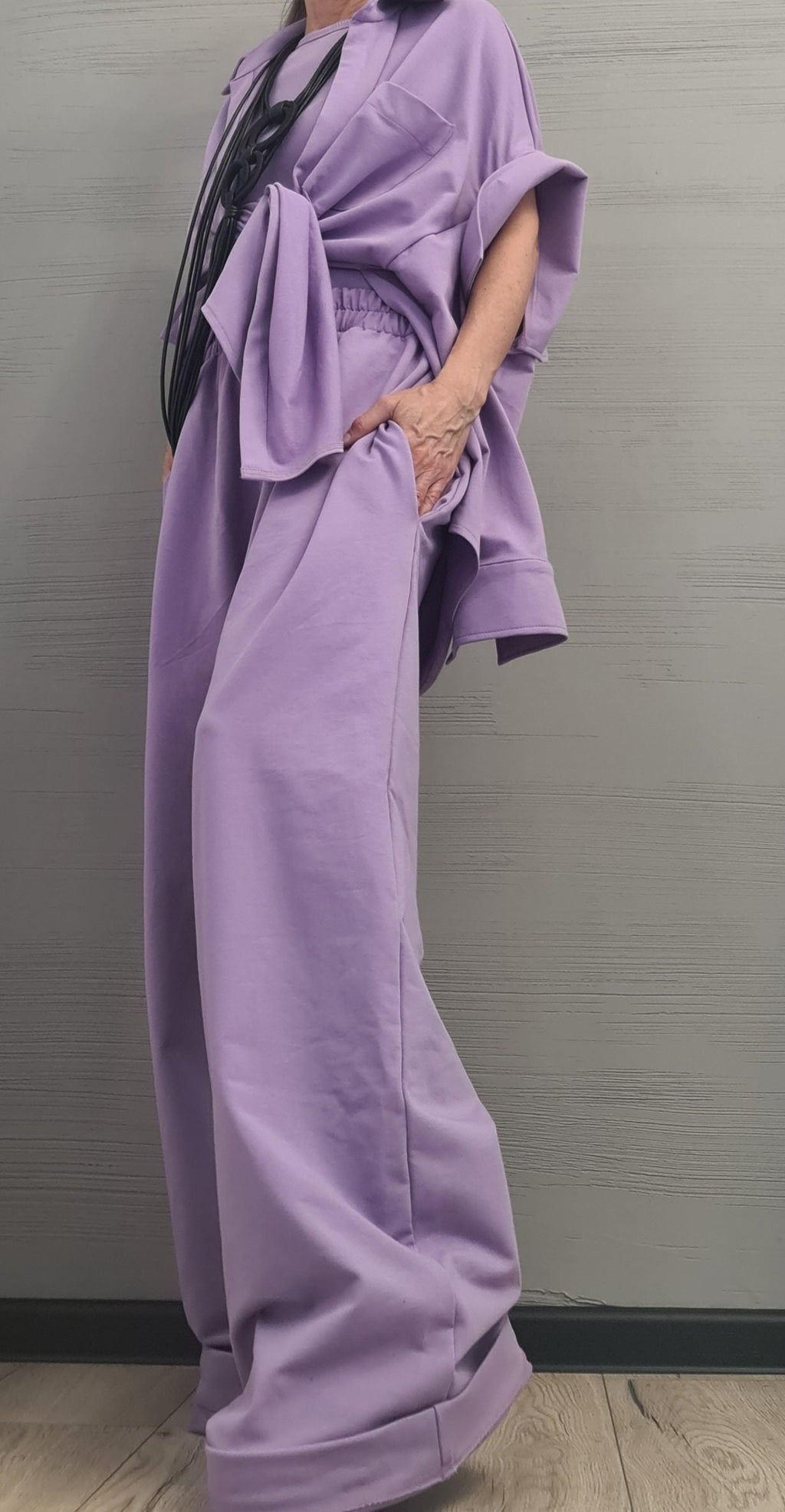 New collection  Lavender 3 parts Women Set, Extravagant Cotton Set, Loose Pants, Top and Shirt, DRESSSHOESCODE