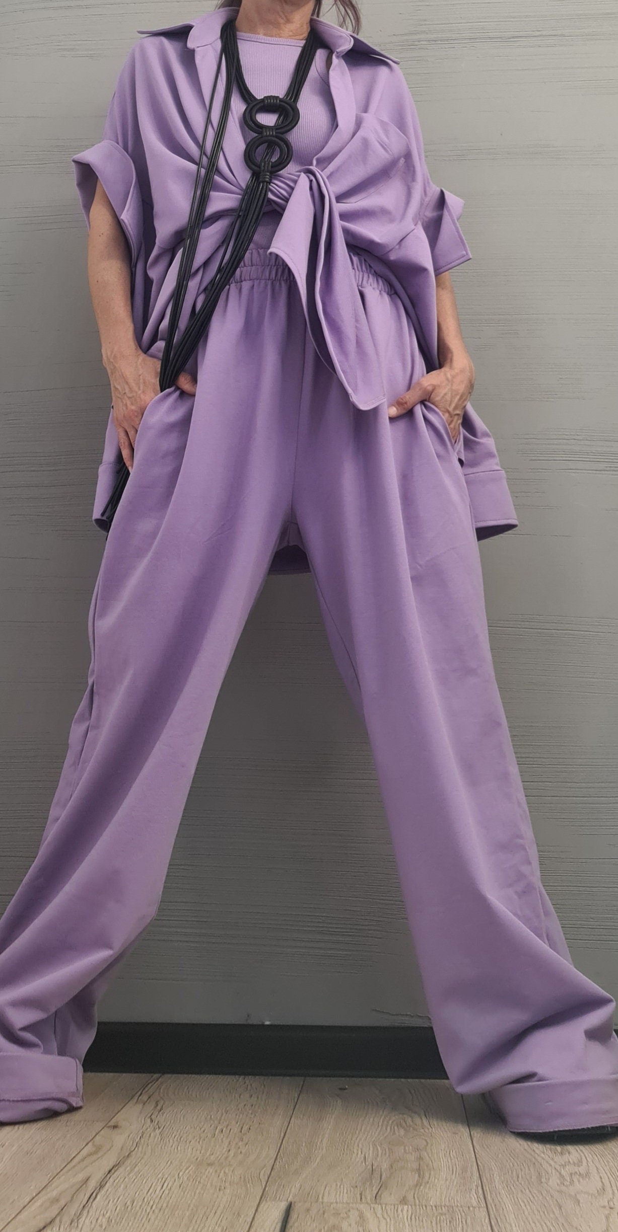 New collection  Lavender 3 parts Women Set, Extravagant Cotton Set, Loose Pants, Top and Shirt, DRESSSHOESCODE