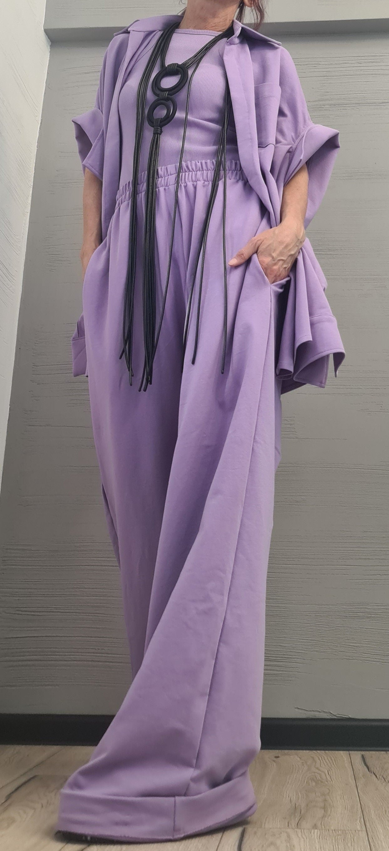 New collection  Lavender 3 parts Women Set, Extravagant Cotton Set, Loose Pants, Top and Shirt, DRESSSHOESCODE