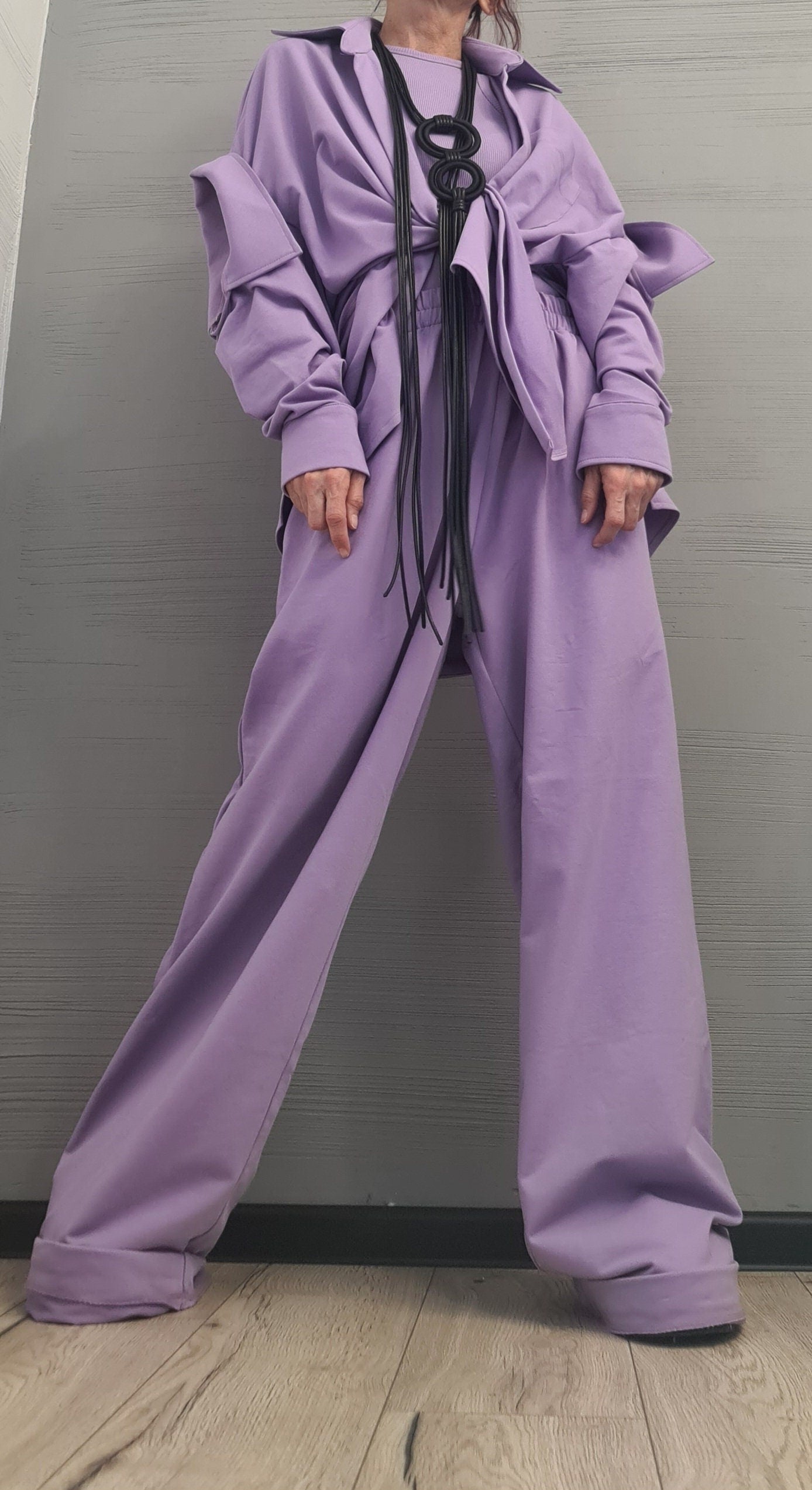 New collection  Lavender 3 parts Women Set, Extravagant Cotton Set, Loose Pants, Top and Shirt, DRESSSHOESCODE