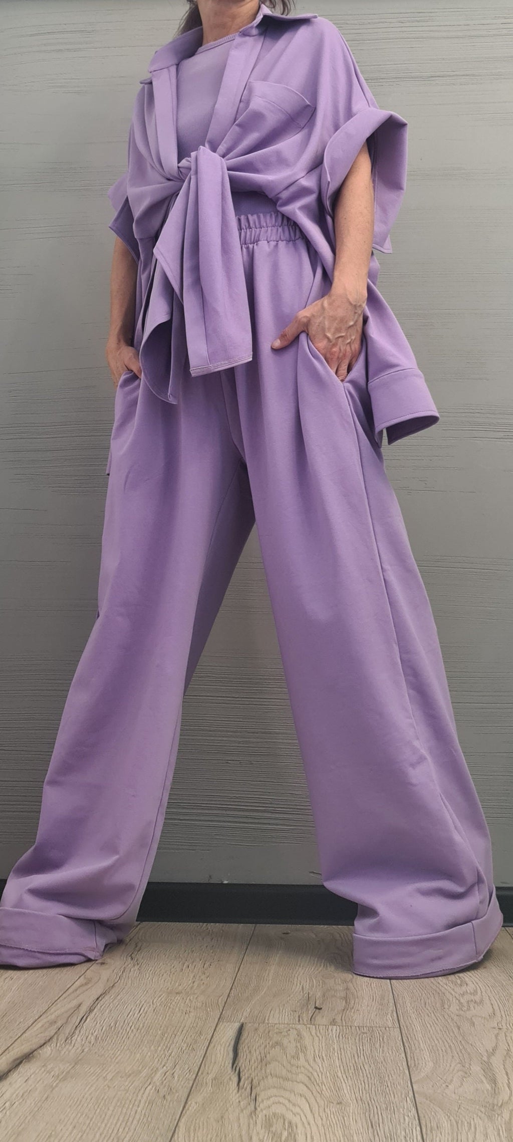 New collection  Lavender 3 parts Women Set, Extravagant Cotton Set, Loose Pants, Top and Shirt, DRESSSHOESCODE