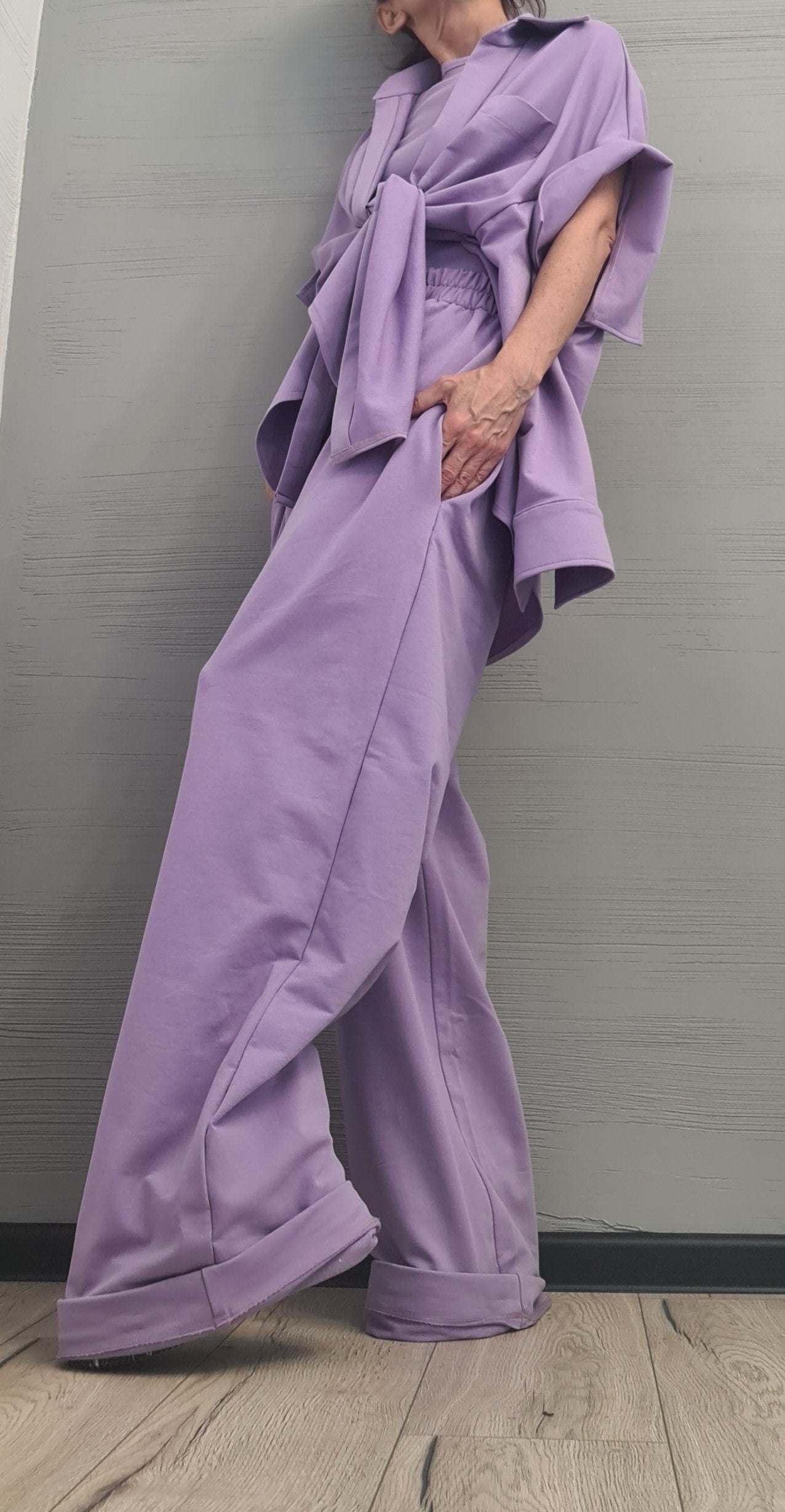 New collection  Lavender 3 parts Women Set, Extravagant Cotton Set, Loose Pants, Top and Shirt, DRESSSHOESCODE