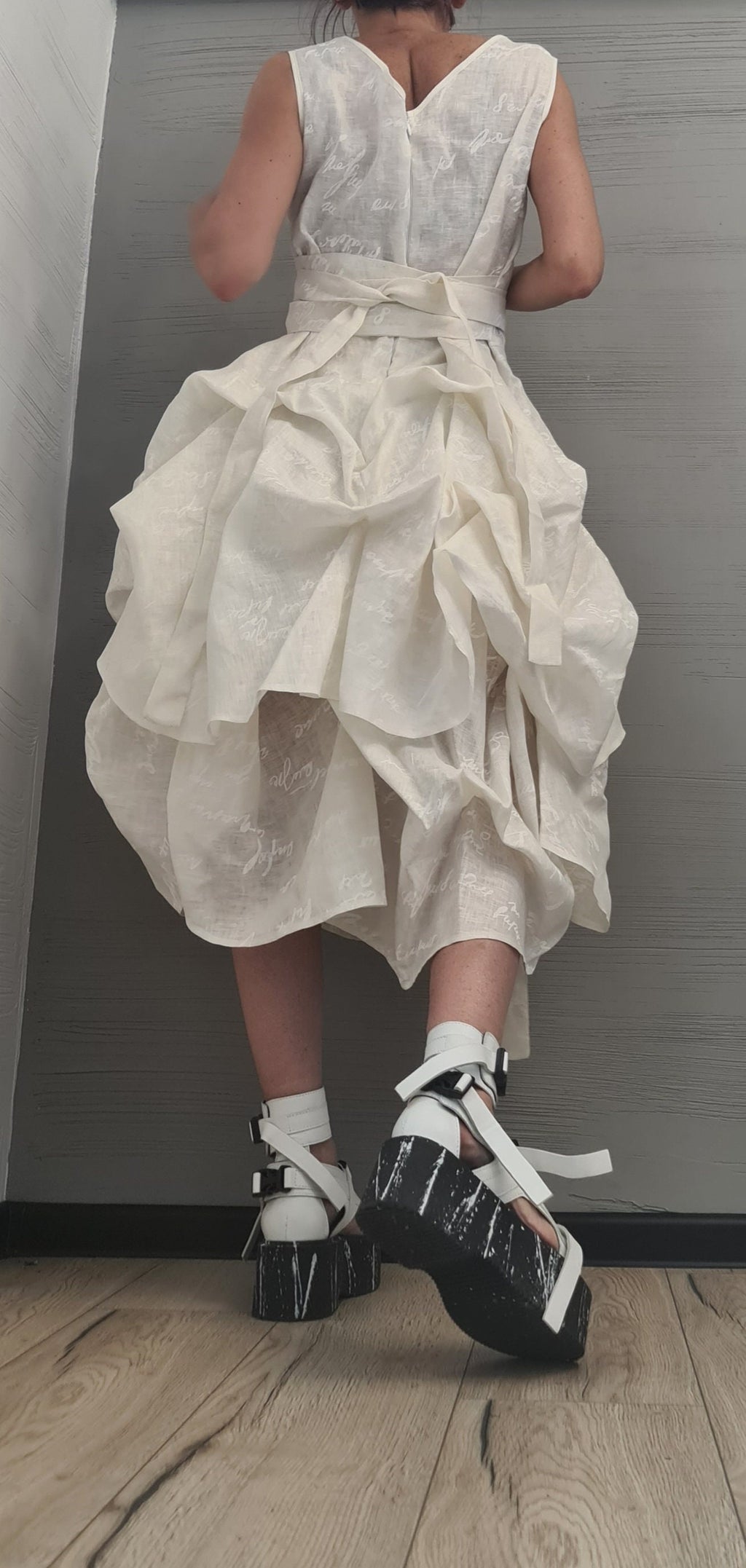 Linen Extravagant Dress, Asymmetric Sleeveless Dress,Champagne color with white lettering ,Sexy Dress, Wedding dress, Party dress