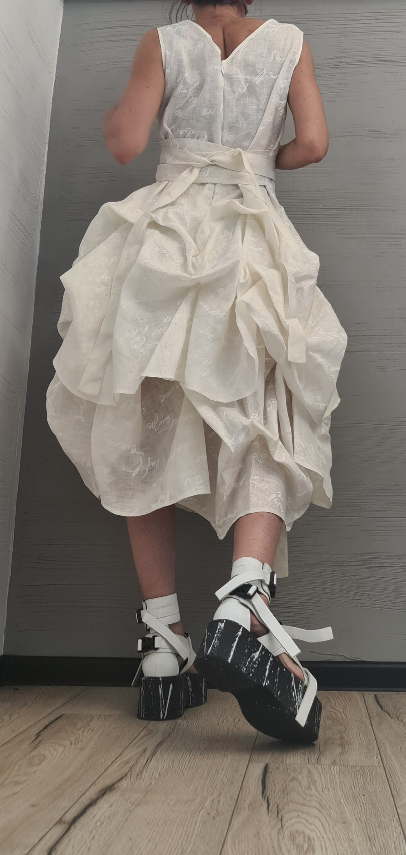 Linen Extravagant Dress, Asymmetric Sleeveless Dress,Champagne color with white lettering ,Sexy Dress, Wedding dress, Party dress