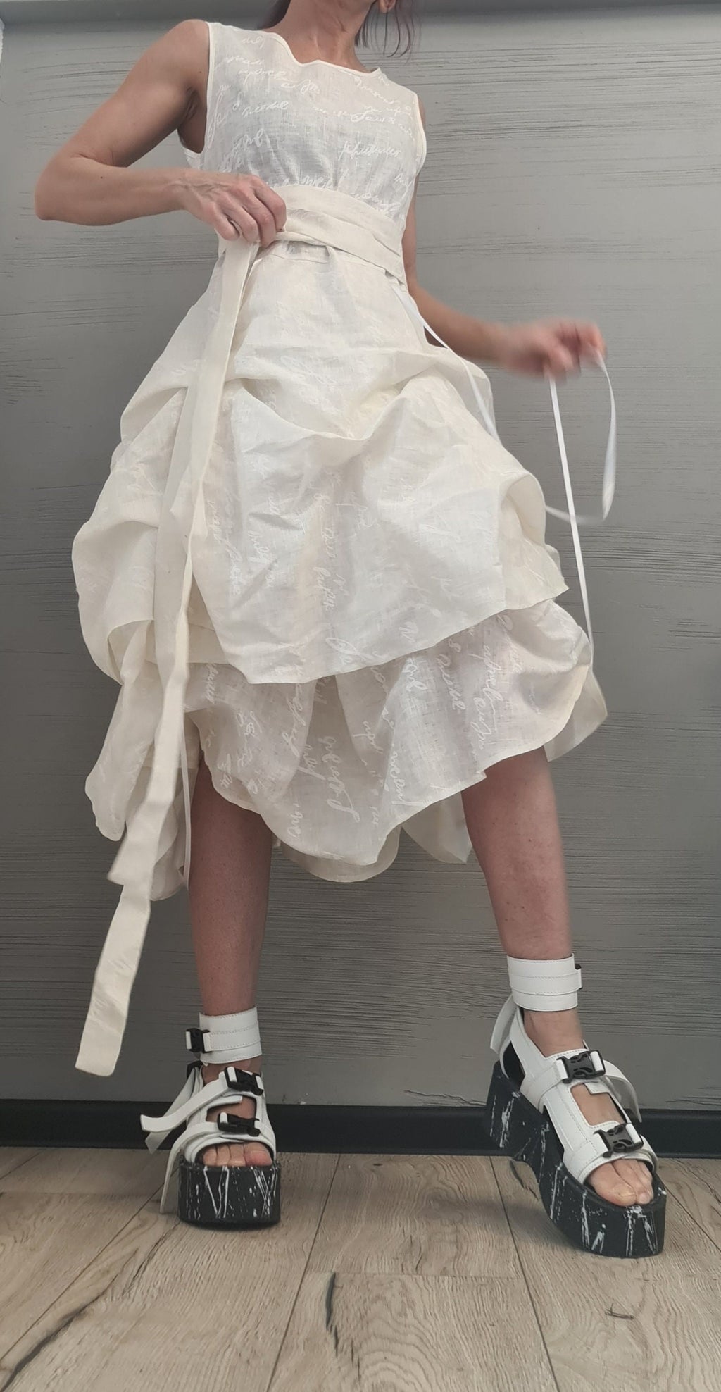 Linen Extravagant Dress, Asymmetric Sleeveless Dress,Champagne color with white lettering ,Sexy Dress, Wedding dress, Party dress