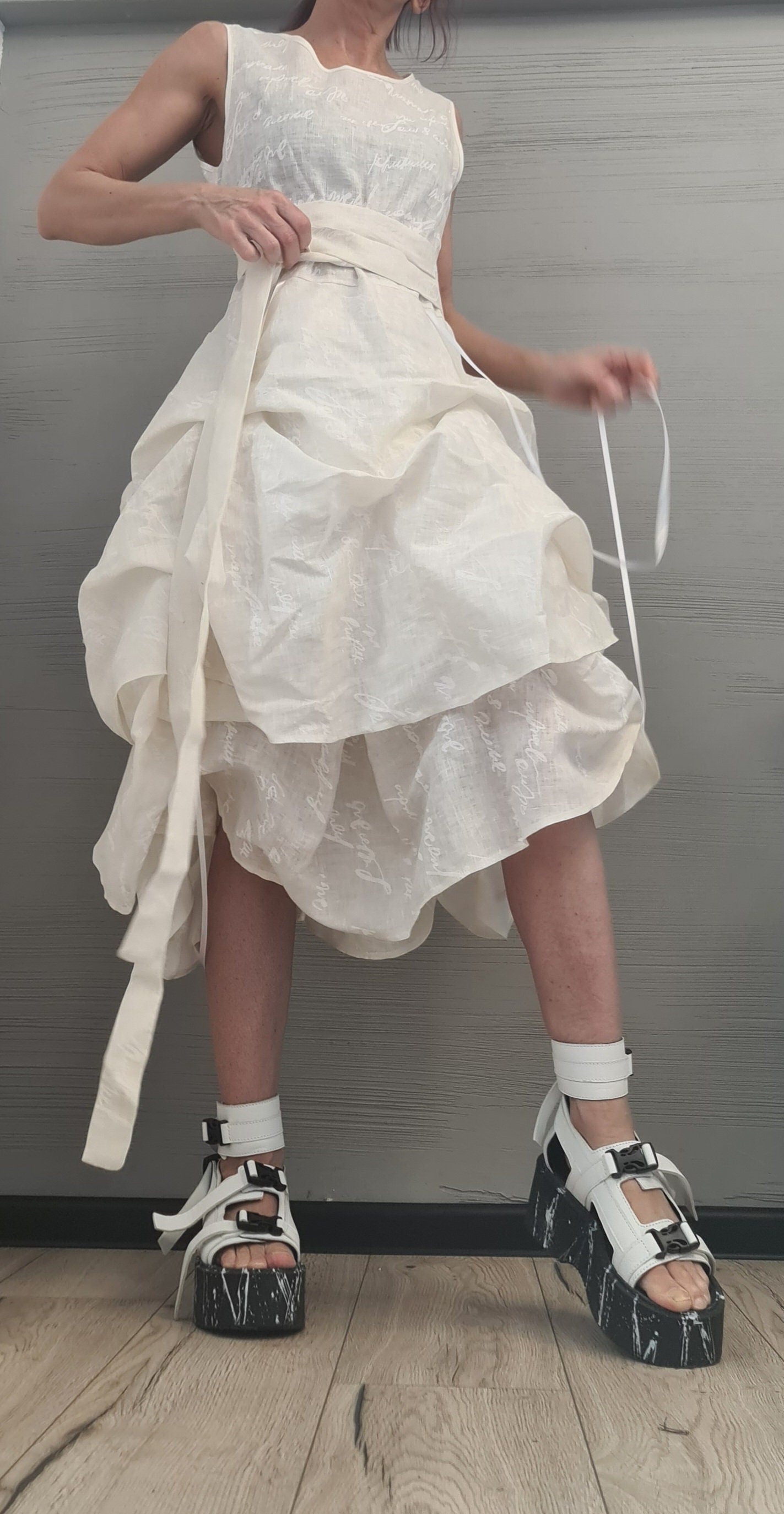 Linen Extravagant Dress, Asymmetric Sleeveless Dress,Champagne color with white lettering ,Sexy Dress, Wedding dress, Party dress