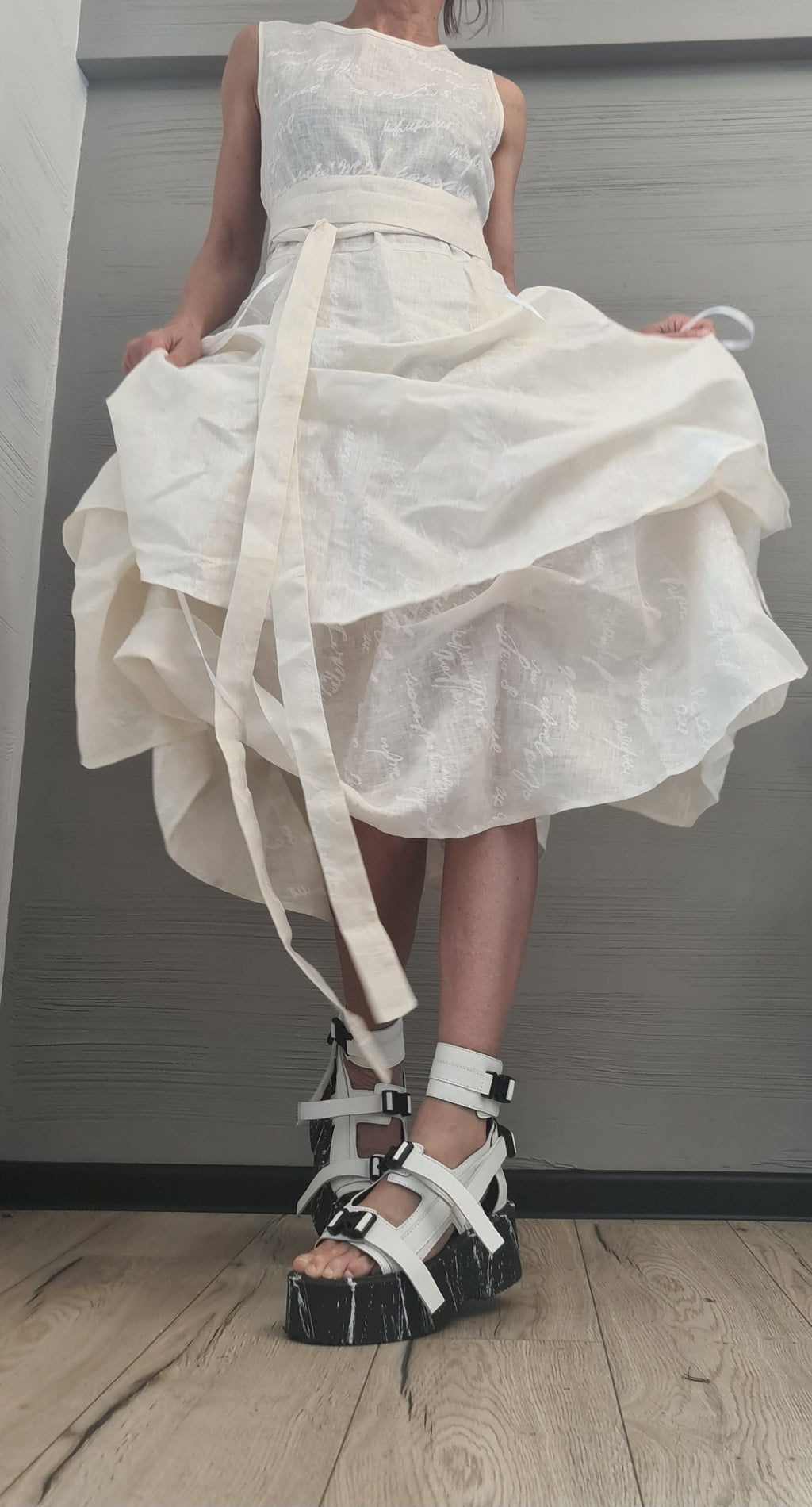 Linen Extravagant Dress, Asymmetric Sleeveless Dress,Champagne color with white lettering ,Sexy Dress, Wedding dress, Party dress