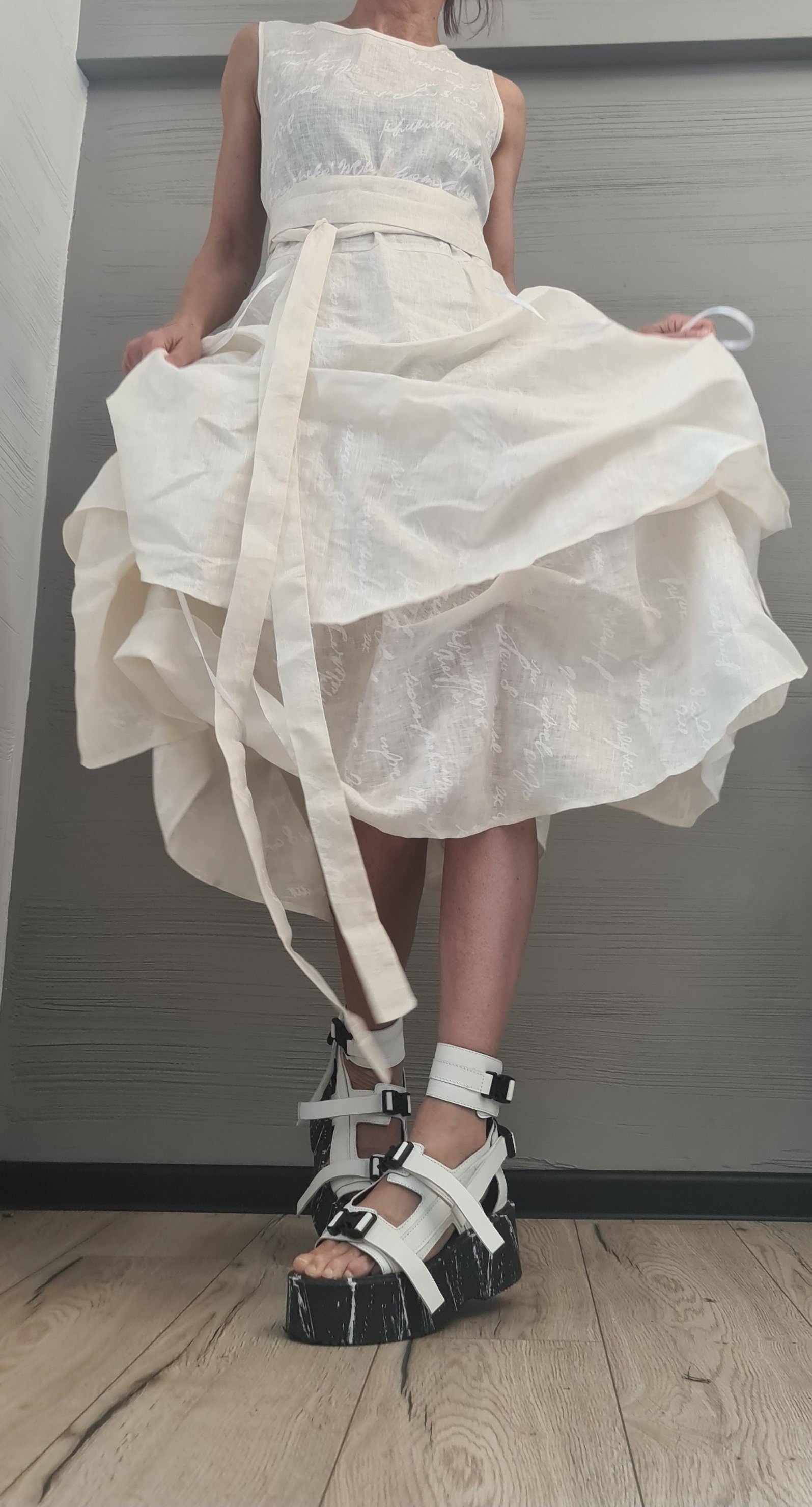 Linen Extravagant Dress, Asymmetric Sleeveless Dress,Champagne color with white lettering ,Sexy Dress, Wedding dress, Party dress