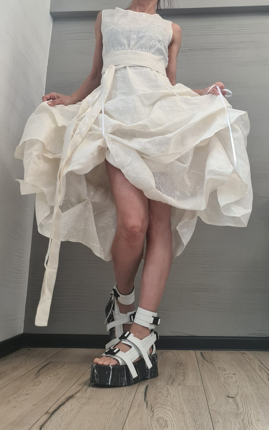 Linen Extravagant Dress, Asymmetric Sleeveless Dress,Champagne color with white lettering ,Sexy Dress, Wedding dress, Party dress