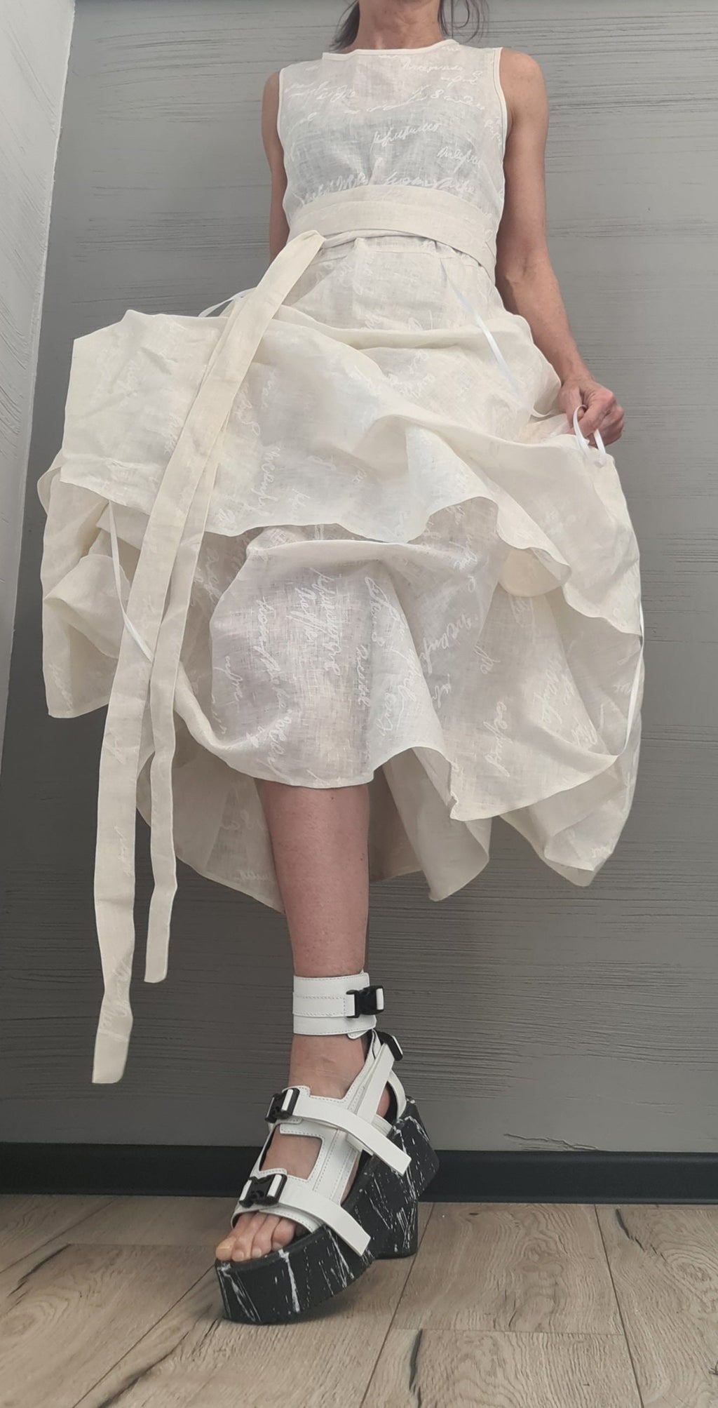 Linen Extravagant Dress, Asymmetric Sleeveless Dress,Champagne color with white lettering ,Sexy Dress, Wedding dress, Party dress