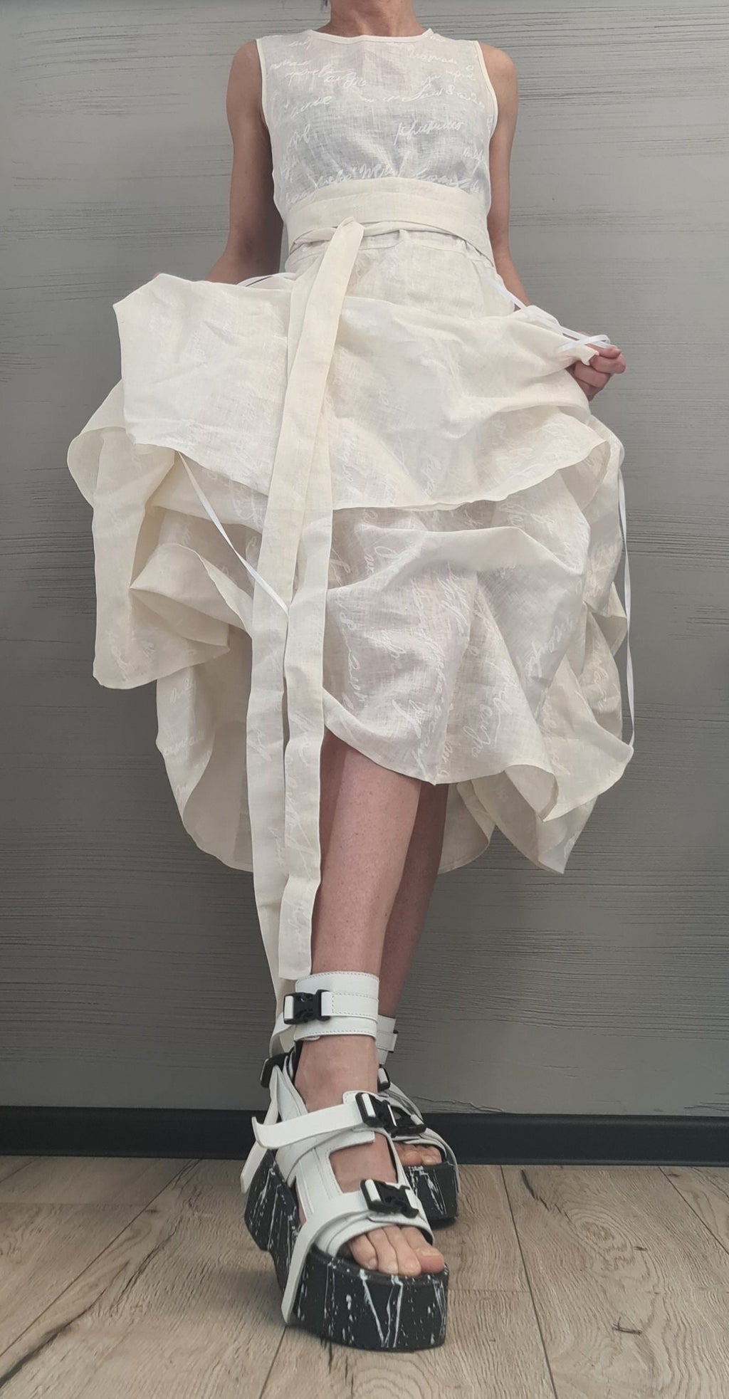 Linen Extravagant Dress, Asymmetric Sleeveless Dress,Champagne color with white lettering ,Sexy Dress, Wedding dress, Party dress