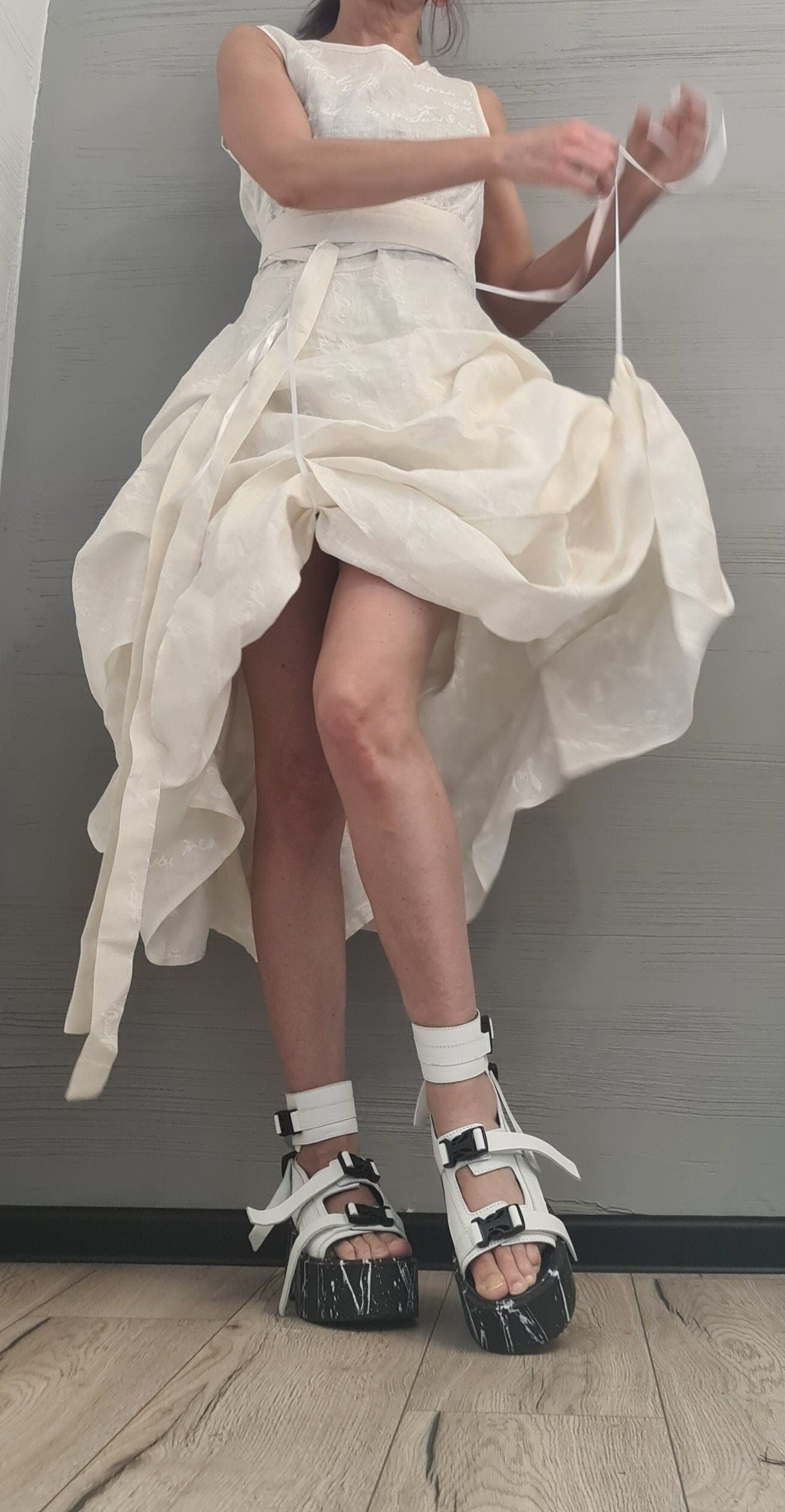 Linen Extravagant Dress, Asymmetric Sleeveless Dress,Champagne color with white lettering ,Sexy Dress, Wedding dress, Party dress