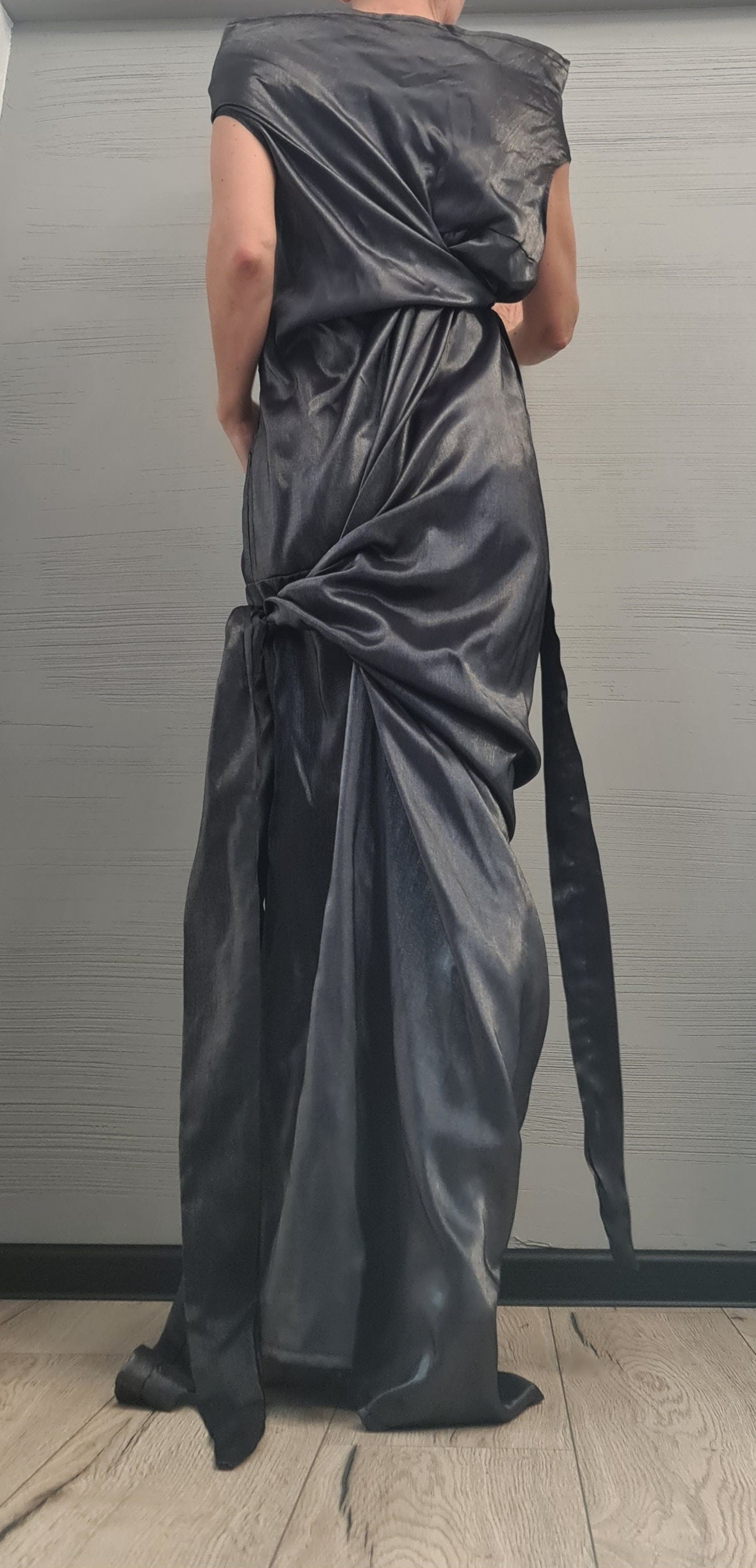 Dark silver Extravagant Asymmetric Long Dress, Sleeveless Dress, One Shoulder, Cocktail dress,  Party dress, Wedding dress, Evening dress