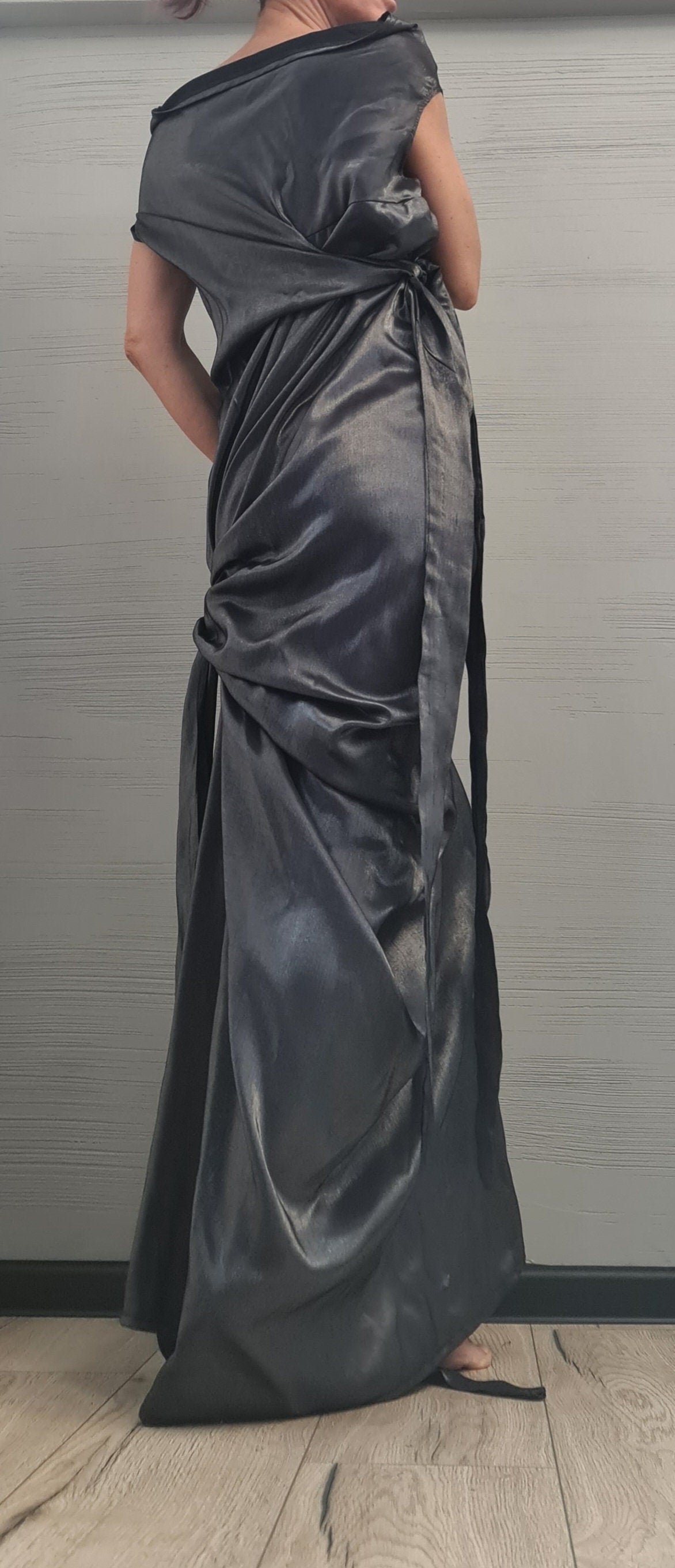 Dark silver Extravagant Asymmetric Long Dress, Sleeveless Dress, One Shoulder, Cocktail dress,  Party dress, Wedding dress, Evening dress