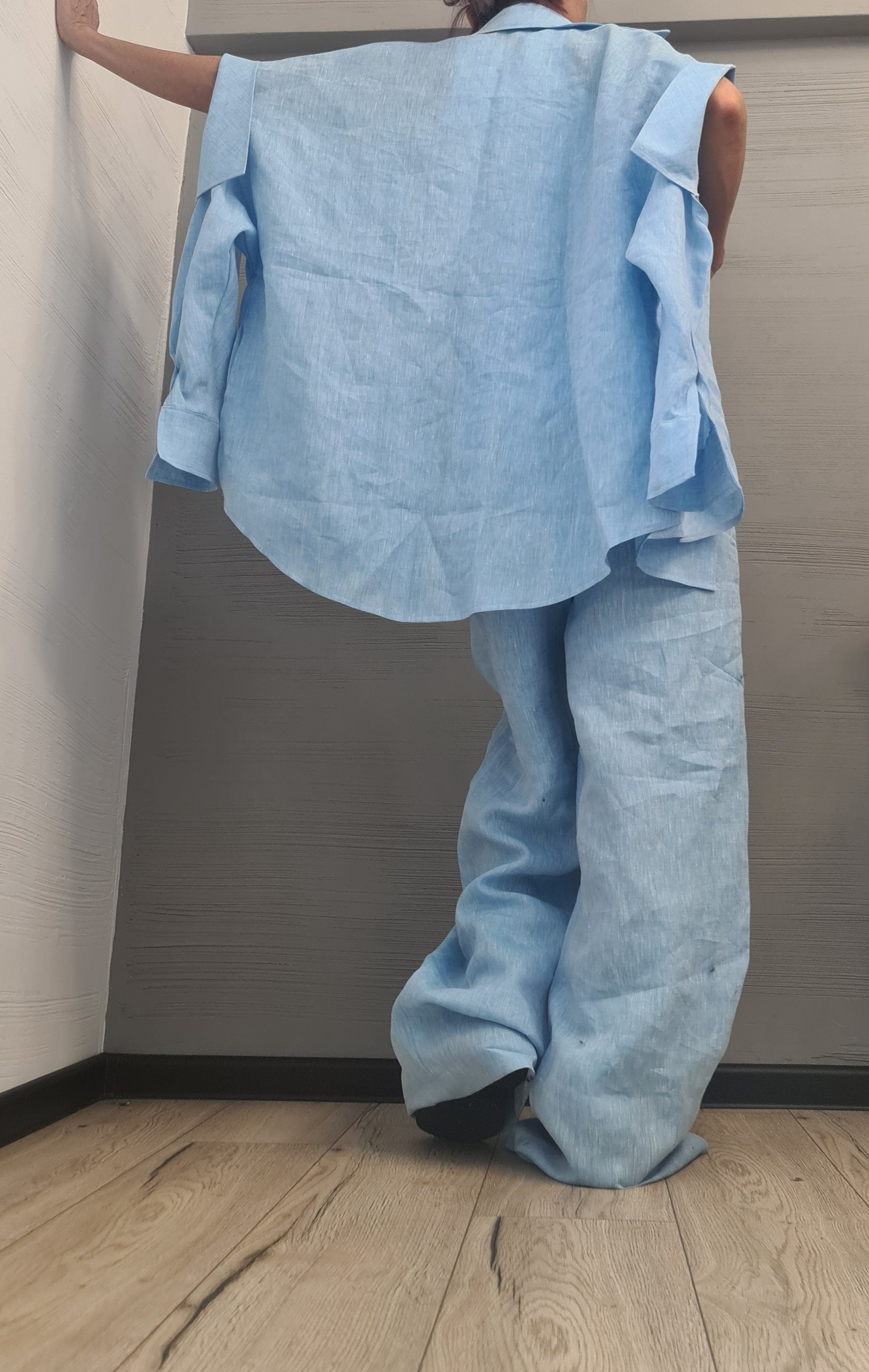 Extravagant Linen Women Set, Sexy Open Shirt, Women Harem Pants, Loose Linen Pants Shirts, Asymmetric Women set, DRESSSHOESCODE