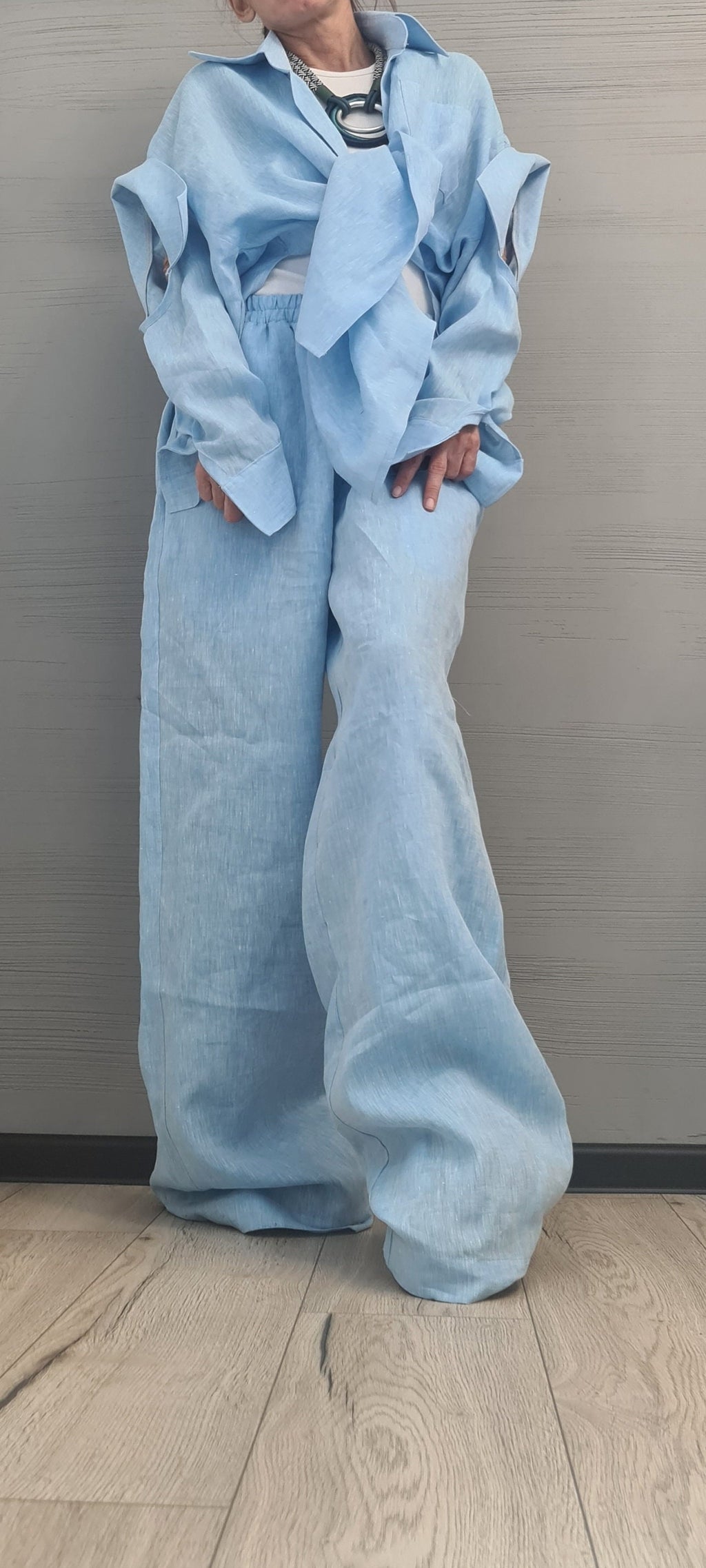 Extravagant Linen Women Set, Sexy Open Shirt, Women Harem Pants, Loose Linen Pants Shirts, Asymmetric Women set, DRESSSHOESCODE