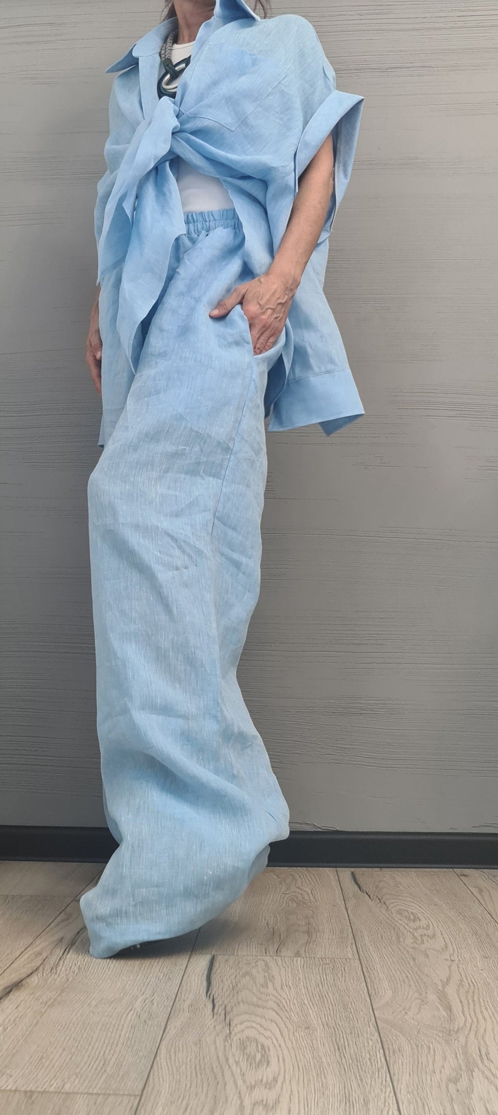 Extravagant Linen Women Set, Sexy Open Shirt, Women Harem Pants, Loose Linen Pants Shirts, Asymmetric Women set, DRESSSHOESCODE