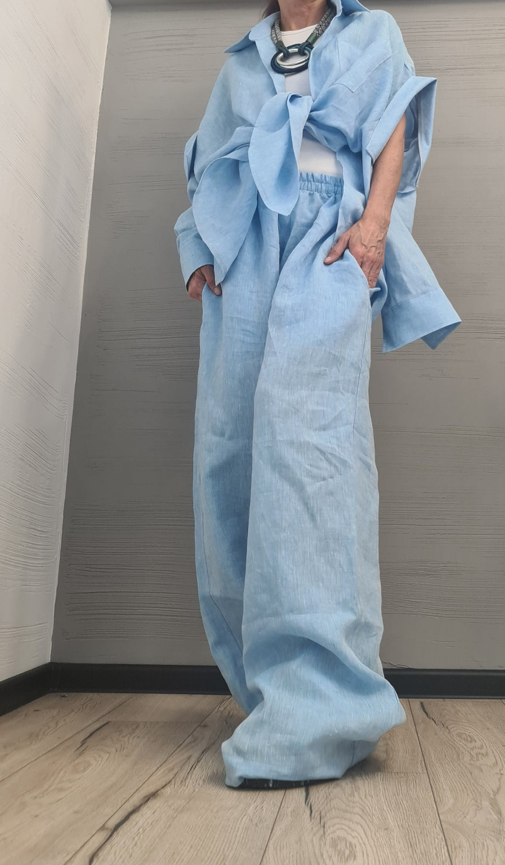 Extravagant Linen Women Set, Sexy Open Shirt, Women Harem Pants, Loose Linen Pants Shirts, Asymmetric Women set, DRESSSHOESCODE