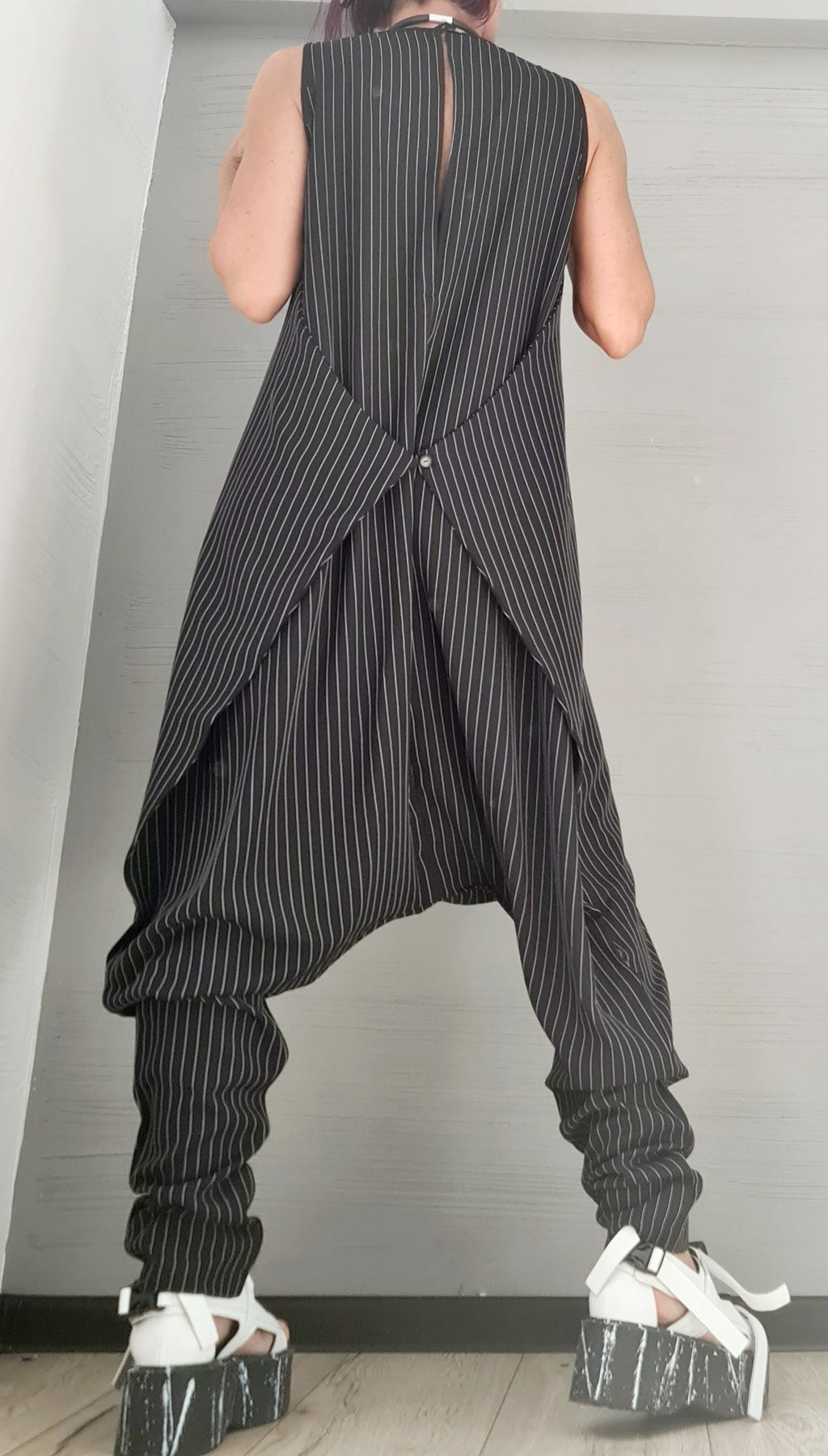 Asymmetric long Jumpsuit, Harem Jumpsuit, Black and White Stripe, Gothic Jumpsuit, Extravagant Wide Leg Overall, Sleeveless Jumpsuit