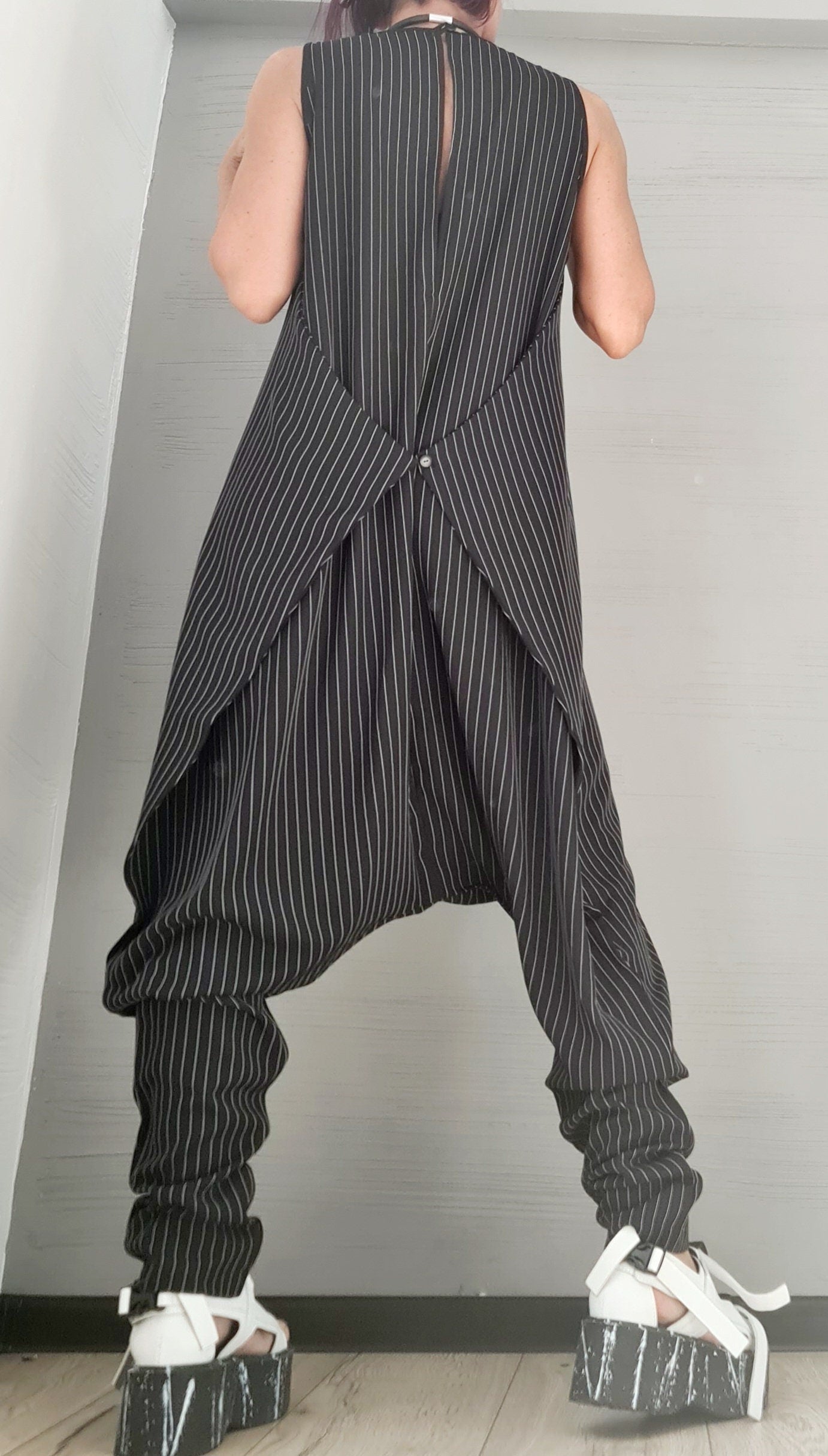 Asymmetric long Jumpsuit, Harem Jumpsuit, Black and White Stripe, Gothic Jumpsuit, Extravagant Wide Leg Overall, Sleeveless Jumpsuit