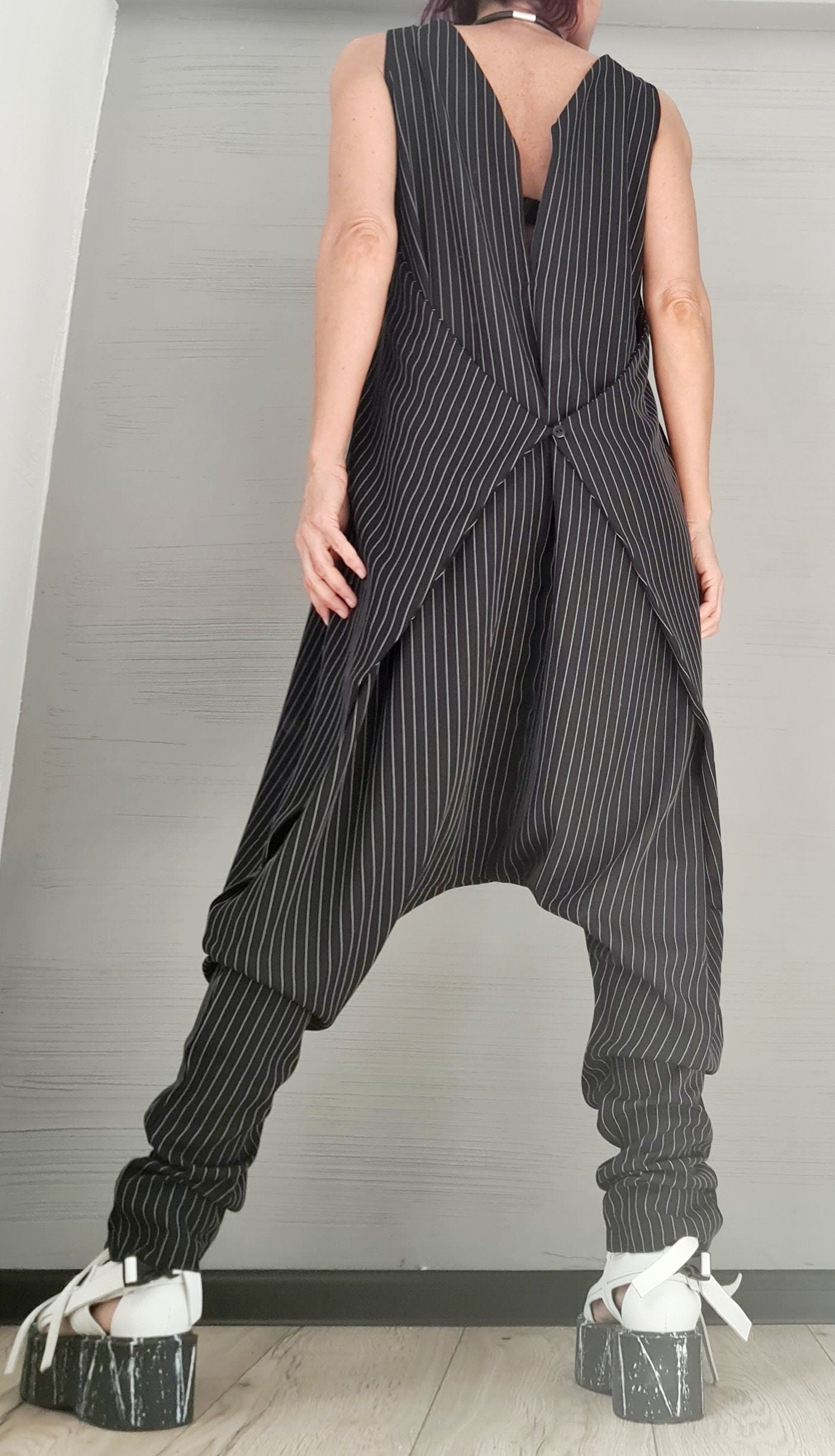Asymmetric long Jumpsuit, Harem Jumpsuit, Black and White Stripe, Gothic Jumpsuit, Extravagant Wide Leg Overall, Sleeveless Jumpsuit