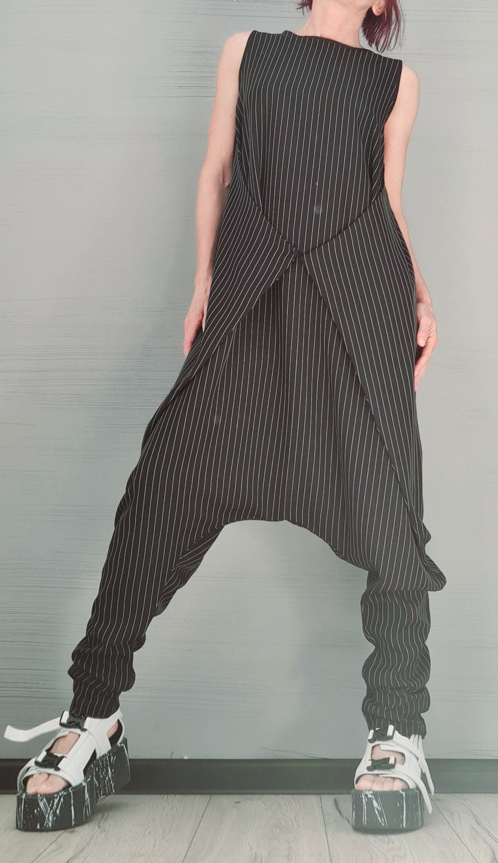 Asymmetric long Jumpsuit, Harem Jumpsuit, Black and White Stripe, Gothic Jumpsuit, Extravagant Wide Leg Overall, Sleeveless Jumpsuit