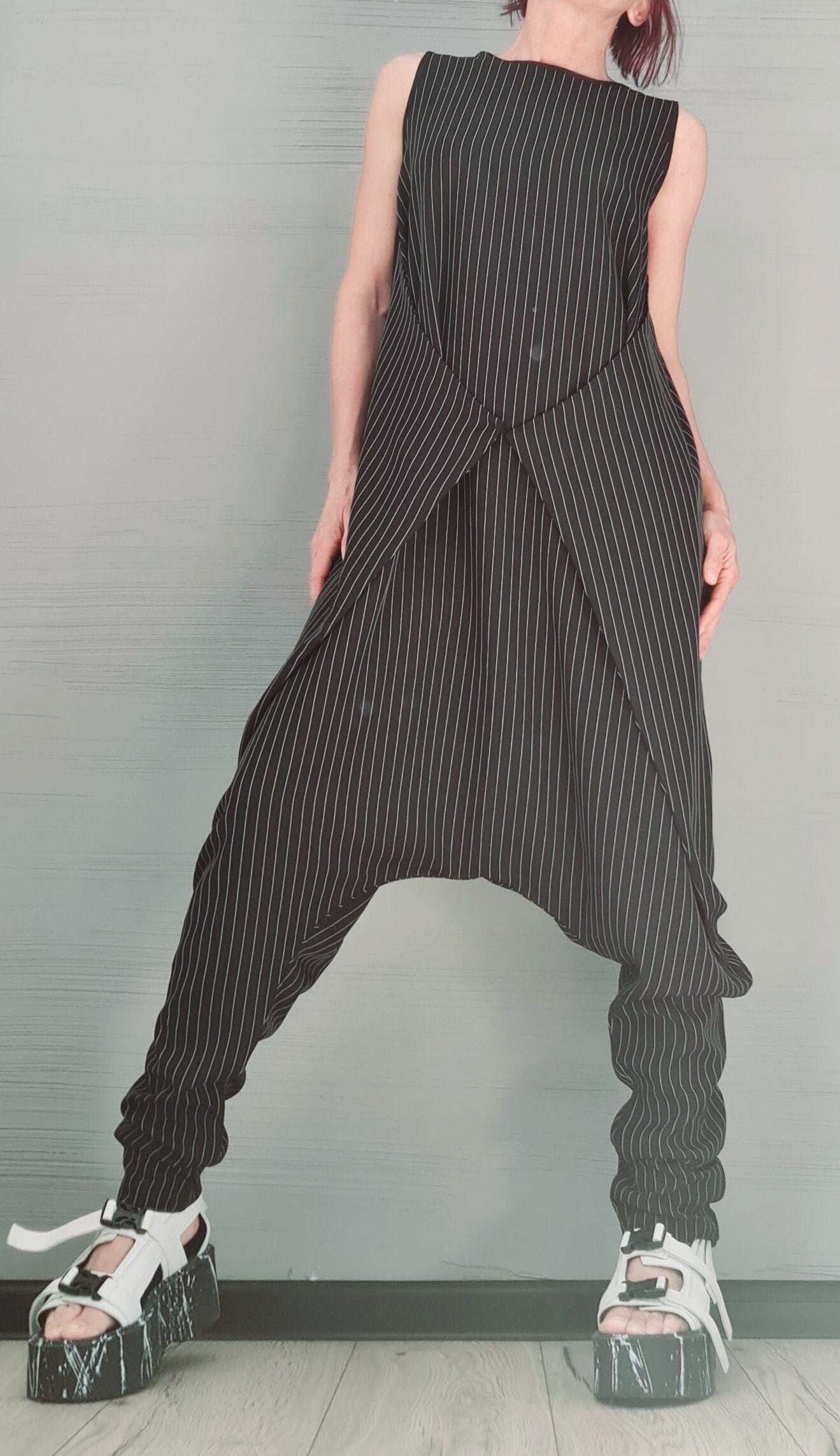 Asymmetric long Jumpsuit, Harem Jumpsuit, Black and White Stripe, Gothic Jumpsuit, Extravagant Wide Leg Overall, Sleeveless Jumpsuit