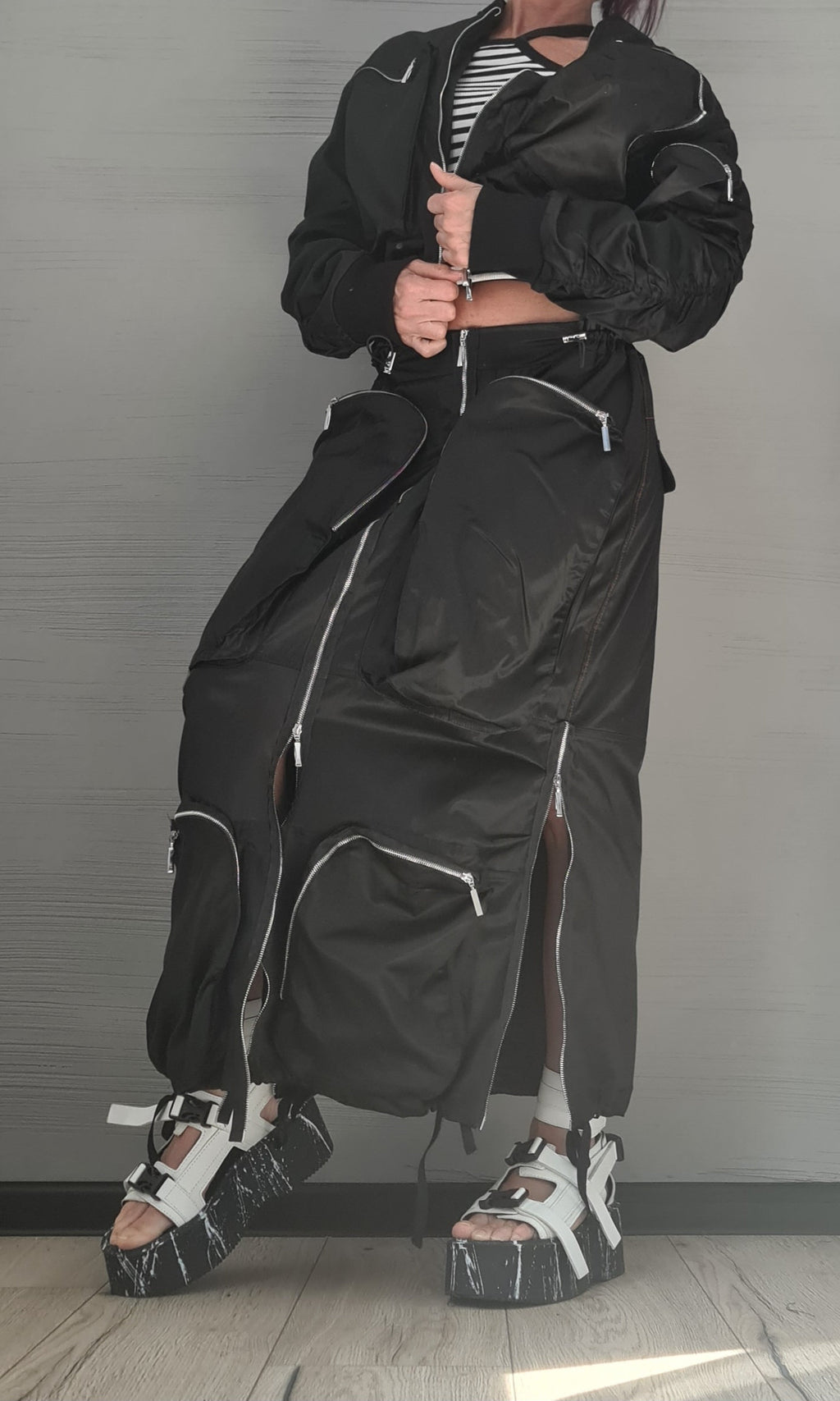 Extravagant Women Costume, Deconstructed Avant Garde Skirt Outside Pockets, Sexy Skirt, Short jacket with large outer pockets