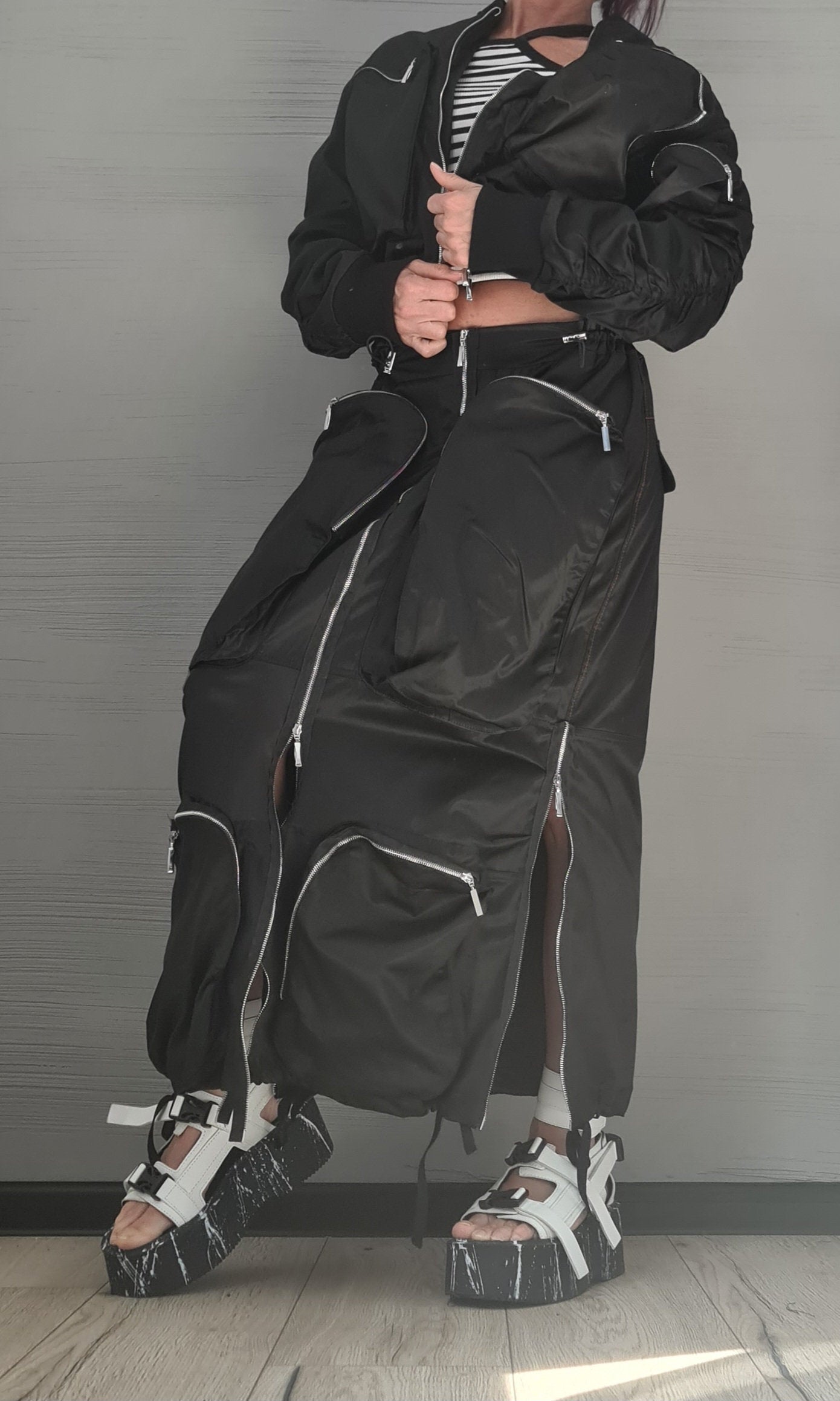 Extravagant Women Costume, Deconstructed Avant Garde Skirt Outside Pockets, Sexy Skirt, Short jacket with large outer pockets