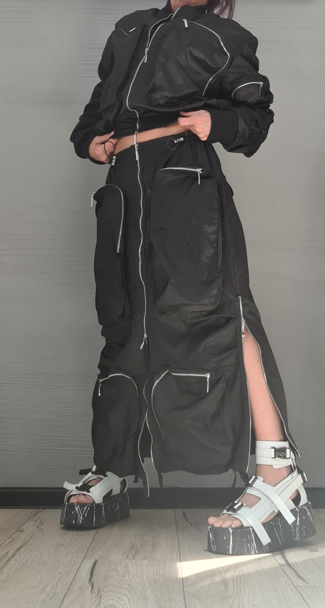 Extravagant Women Costume, Deconstructed Avant Garde Skirt Outside Pockets, Sexy Skirt, Short jacket with large outer pockets