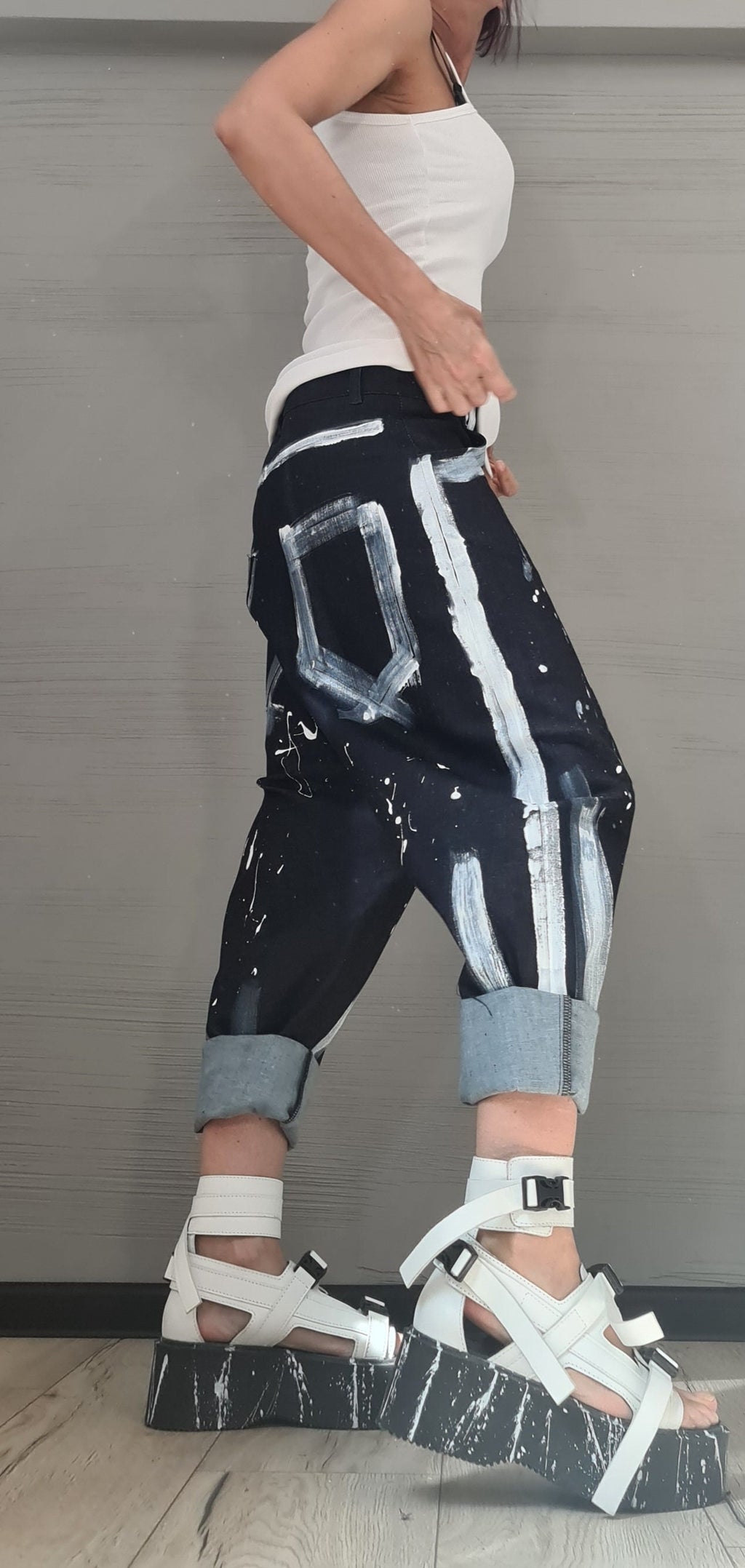 Painted Denim Harem Pants, Extravagant Pants, Unisex Denim, Women Denim Harem, DRESSSHOESCODE