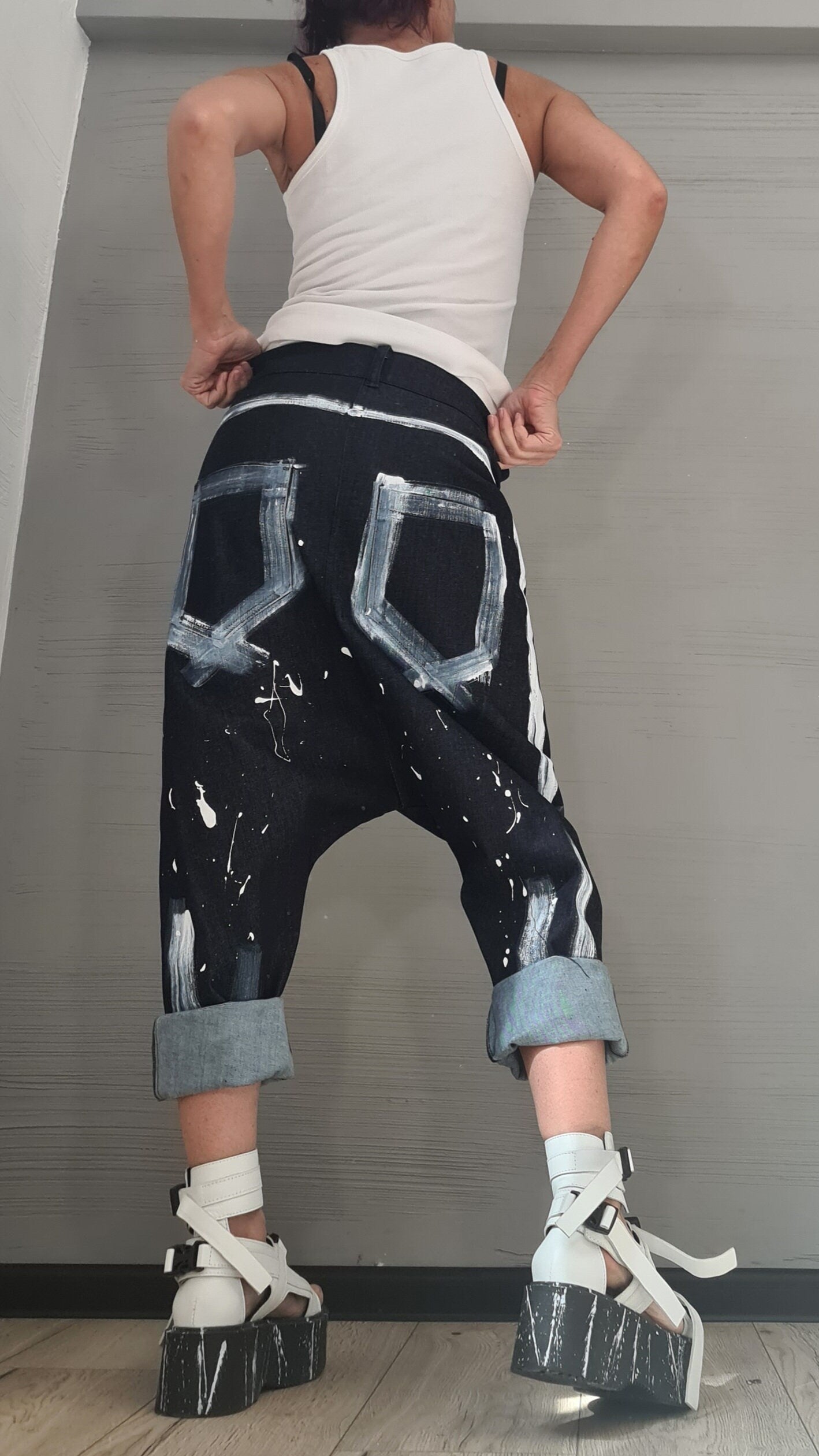 Painted Denim Harem Pants, Extravagant Pants, Unisex Denim, Women Denim Harem, DRESSSHOESCODE