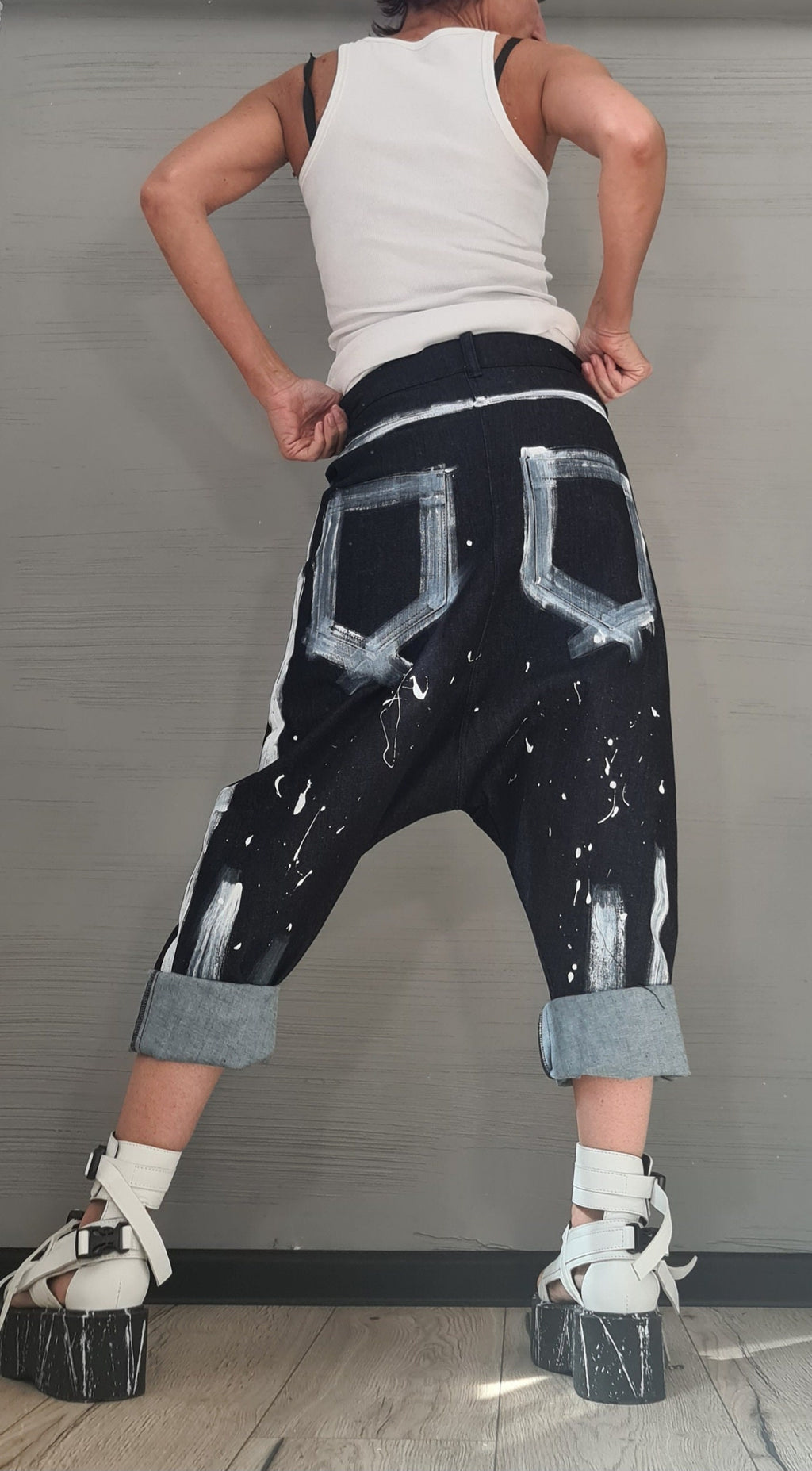 Painted Denim Harem Pants, Extravagant Pants, Unisex Denim, Women Denim Harem, DRESSSHOESCODE