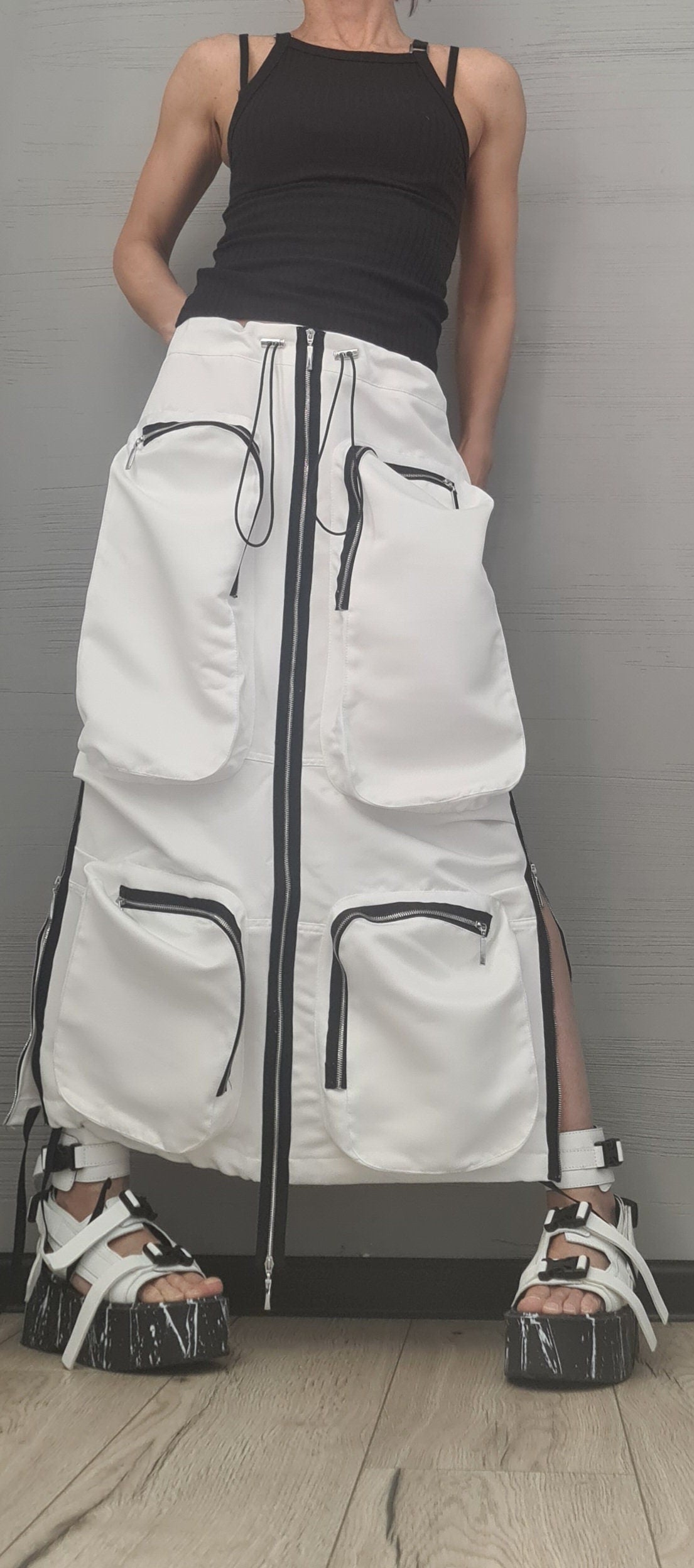 New collection White Extravagant Long Skirt, Cotton Skirt, Deconstructed Avant Garde Skirt Outside Pockets, Sexy Skirt