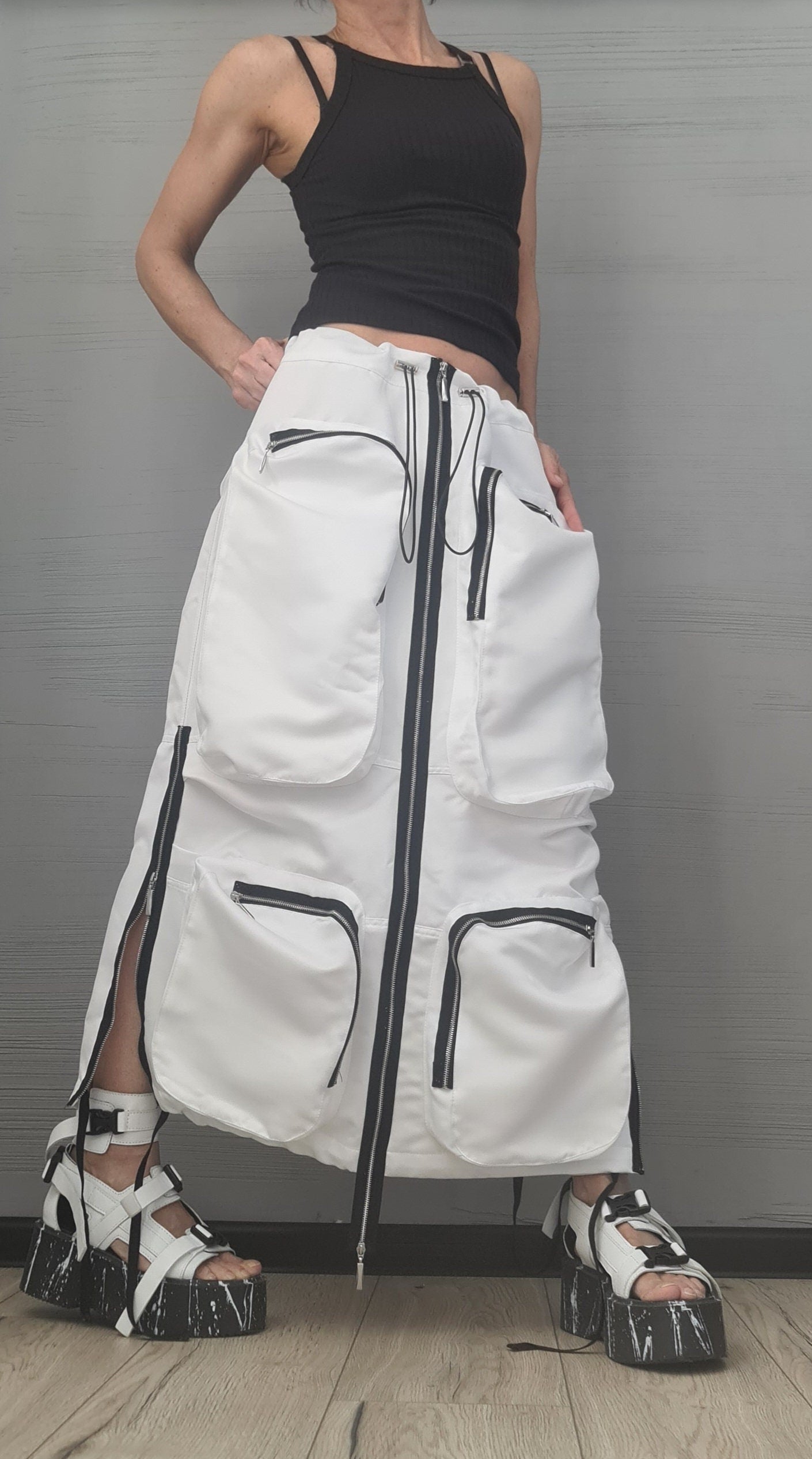 New collection White Extravagant Long Skirt, Cotton Skirt, Deconstructed Avant Garde Skirt Outside Pockets, Sexy Skirt
