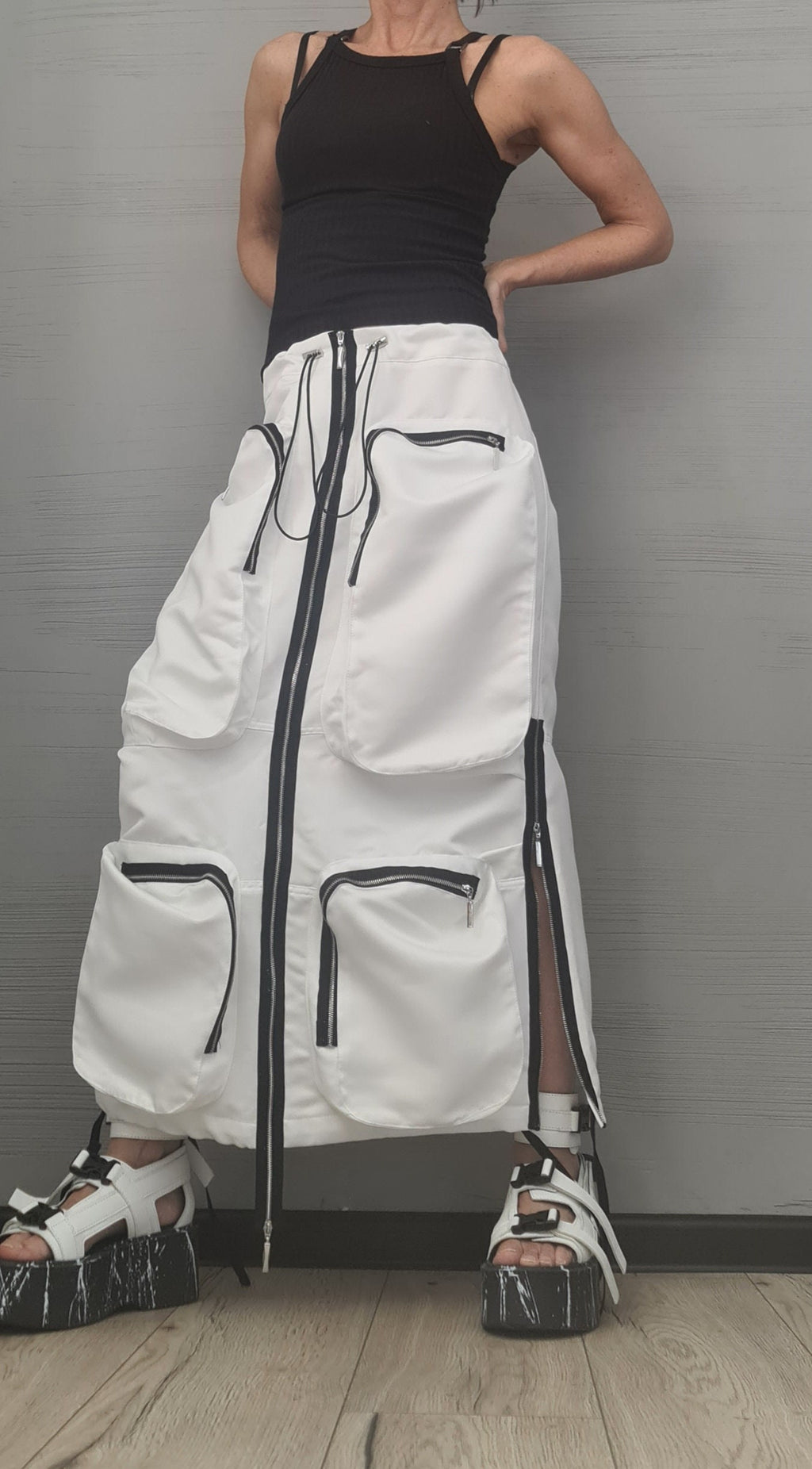 New collection White Extravagant Long Skirt, Cotton Skirt, Deconstructed Avant Garde Skirt Outside Pockets, Sexy Skirt