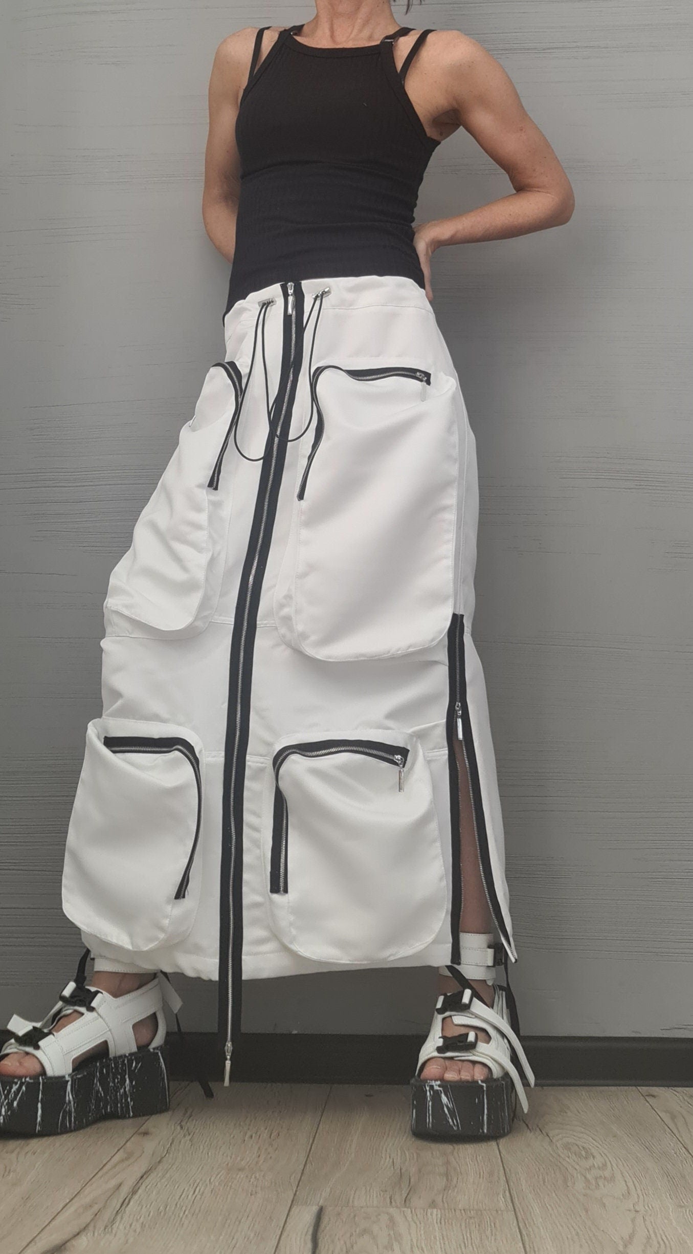 New collection White Extravagant Long Skirt, Cotton Skirt, Deconstructed Avant Garde Skirt Outside Pockets, Sexy Skirt