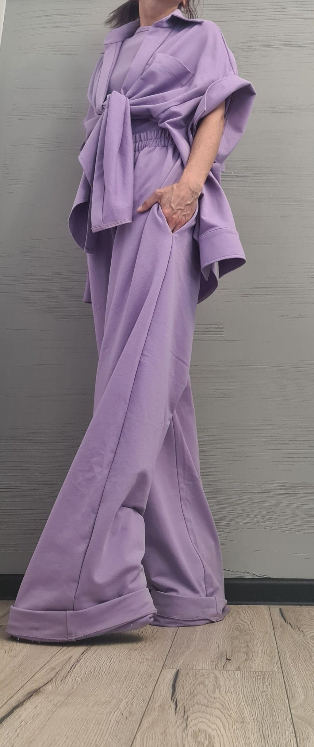 New collection  Lavender 3 parts Women Set, Extravagant Cotton Set, Loose Pants, Top and Shirt, DRESSSHOESCODE