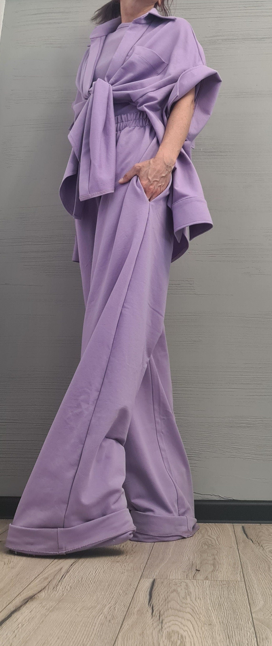 New collection  Lavender 3 parts Women Set, Extravagant Cotton Set, Loose Pants, Top and Shirt, DRESSSHOESCODE